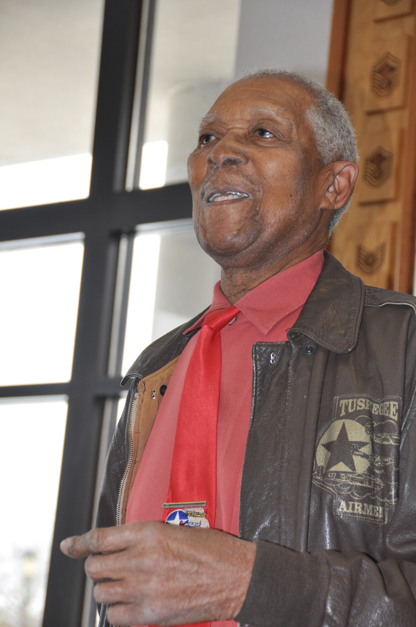 Tech. Sgt. (Ret.) George Watson Sr., an original Tuskegee Airman, shares his military experience Feb. 7 as part of a mentoring luncheon sponsored by the 514th Air Mobility Wing Human Resource Development Council. The event was held at the Halverson Hall Dining Facility at Joint Base McGuire-Dix-Lakehurst, N.J., and is the first of a series of mentoring luncheons planned for 2014. (U.S. Air Force photo/Master Sgt. Donna T. Jeffries) 
