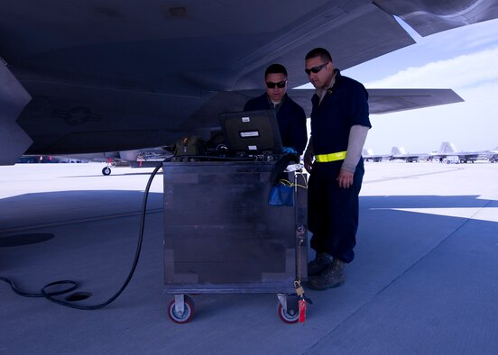 Senior Airman William Trisch and Senior Airman Robert Phillips, 43rd Aircraft Maintenance Unit crewchiefs, provide a service maintenance check on an F-22 Raptor during the exercised deployment to Savannah, Ga., Feb. 10. Tyndall was one of the many units who deployed to Savannah for the Savannah Combat Readiness Training Center’s Sentry Savannah 2014. (U.S. Air Force photo by Senior Airman Christopher Reel) 