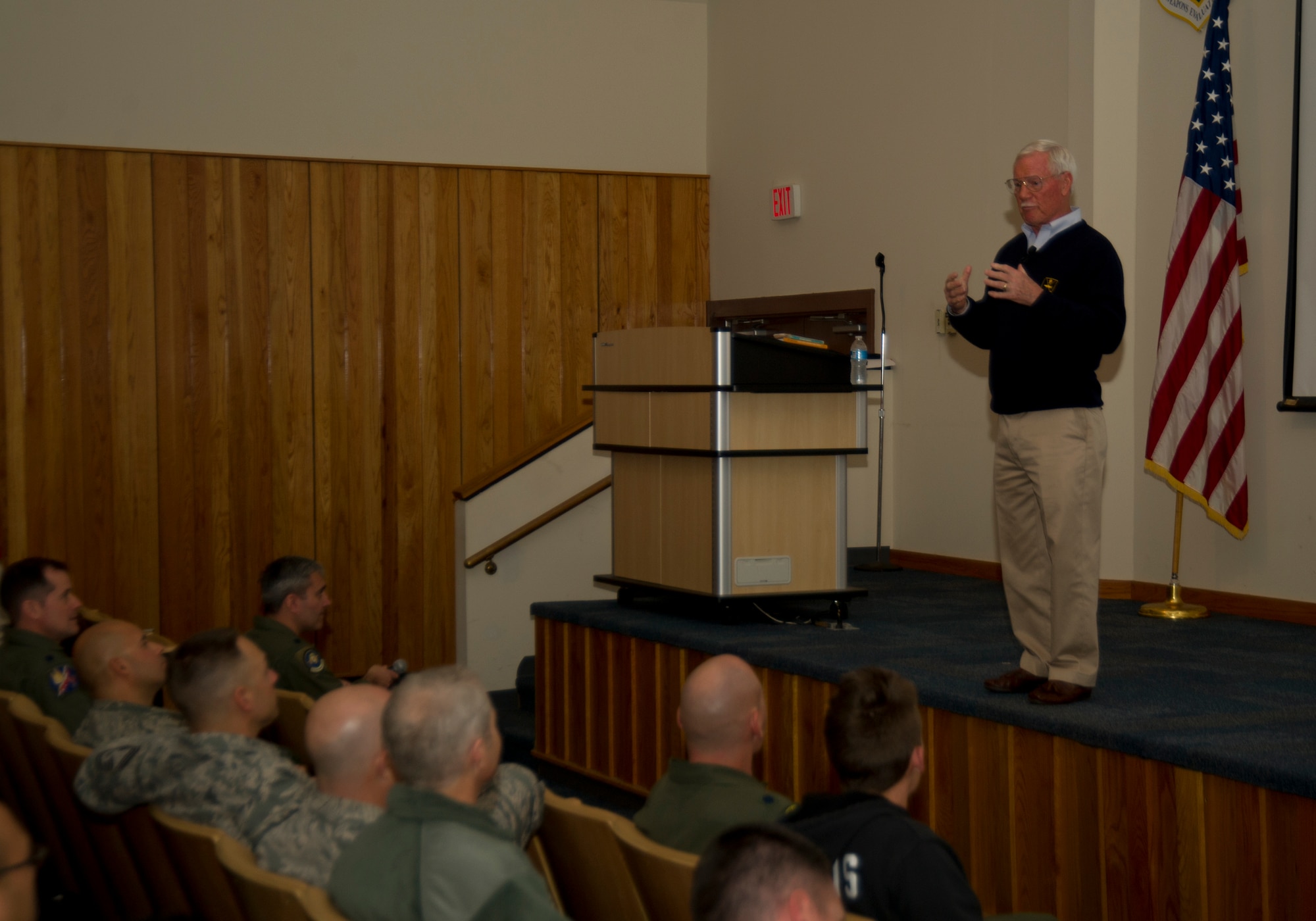 Retired Col. Edward Hubbard, public speaker, shares his story to Tyndall Airmen Feb. 7 in the 53rd Weapons Evaluation Group auditorium. Hubbard was a prisoner of war in Vietnam from 1966 to 1973, and now shares his experience to teach and inspire millions. (U.S. Air Force photo by Airman 1st Class Alex Echols)