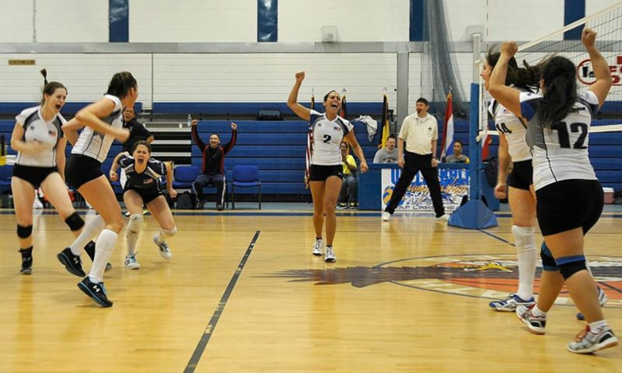 The U.S. Air Force Europe volleyball team celebrates during the 2012 tournament.  Staff Sgt. Melissa Deardorff, a flight medic with the 36th Aeromedical Evacuation Squadron, has been selected to play on the 2014 USAFE team.  (Courtesy photo)