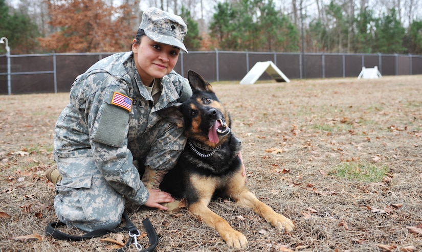 U.S. Army Spc. Roxanne Cavezuela, 3rd Military Police Detachment military working dog handler, views her relationship with MWD Chek, a patrol explosives detector dog also assigned to the 3rd MP Det., as a partner and member of her family. Because of Chek’s deployment experience in Afghanistan, Cavezuela said he has already taught her critical lessons of what it means to be a "battle buddy."  (U.S. Air Force photo by Staff Sgt. Katie Gar Ward/Released)