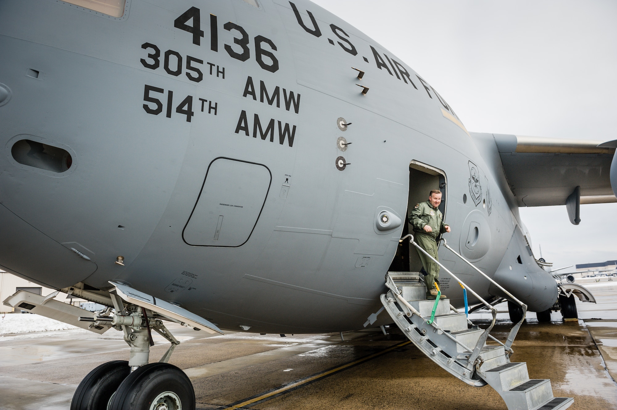 Col. Richard E. Williamson Jr., 305th Air Mobility Wing commander, returns to Joint Base McGuire-Dix-Lakehurst, N.J. upon completion of his 5,000 hour of flight as an Air Force aviator, Feb. 4, 2014. This is a milestone achieved by very few active duty aviators, compiled over a long, distinguished aviation career. (U.S. Air Force photo by Russ Meseroll/Released)