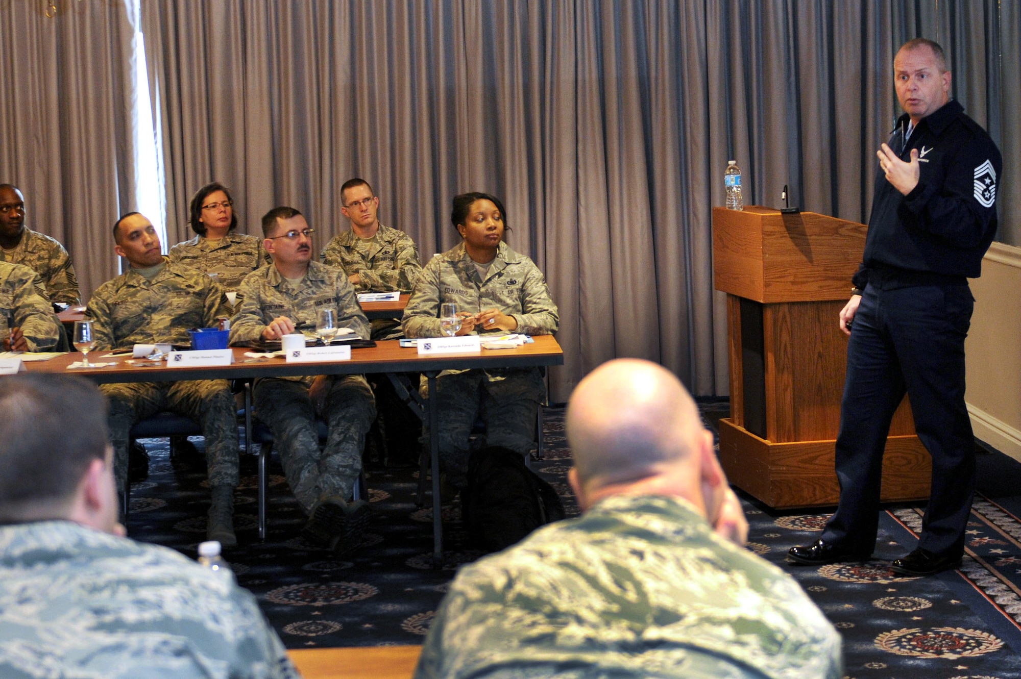 Chief Master Sgt. James Hotaling, Command Chief Master Sgt. of the Air National Guard, speaks with newly promoted Chief Master Sgts in the active duty Air Force about the role of the Air National Guard,Joint Base Bolling-Anacostia, Washington, D.C., Feb. 6, 2014. (Air National Guard photo by Tech. Sgt. David Eichaker)
