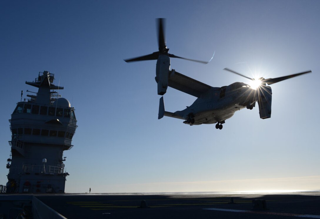 An MV-22B Osprey from Special-Purpose Marine Air-Ground Task Force Crisis Response lands aboard the French Mistral-class assault ship, Dixmude, to increase squadron proficiency while enhancing interoperability with the U.S. and their NATO allies during a bi-lateral engagement in the Mediterranean Sea, Feb. 8.  The U.S. and French carrier qualification was the first time a U.S. MV-22B Osprey landed on a French carrier, showcasing the interagency cooperation between U.S. Marine Corps Forces Europe and Africa, the Department of State, and the governments of France, Spain, and Morocco.  