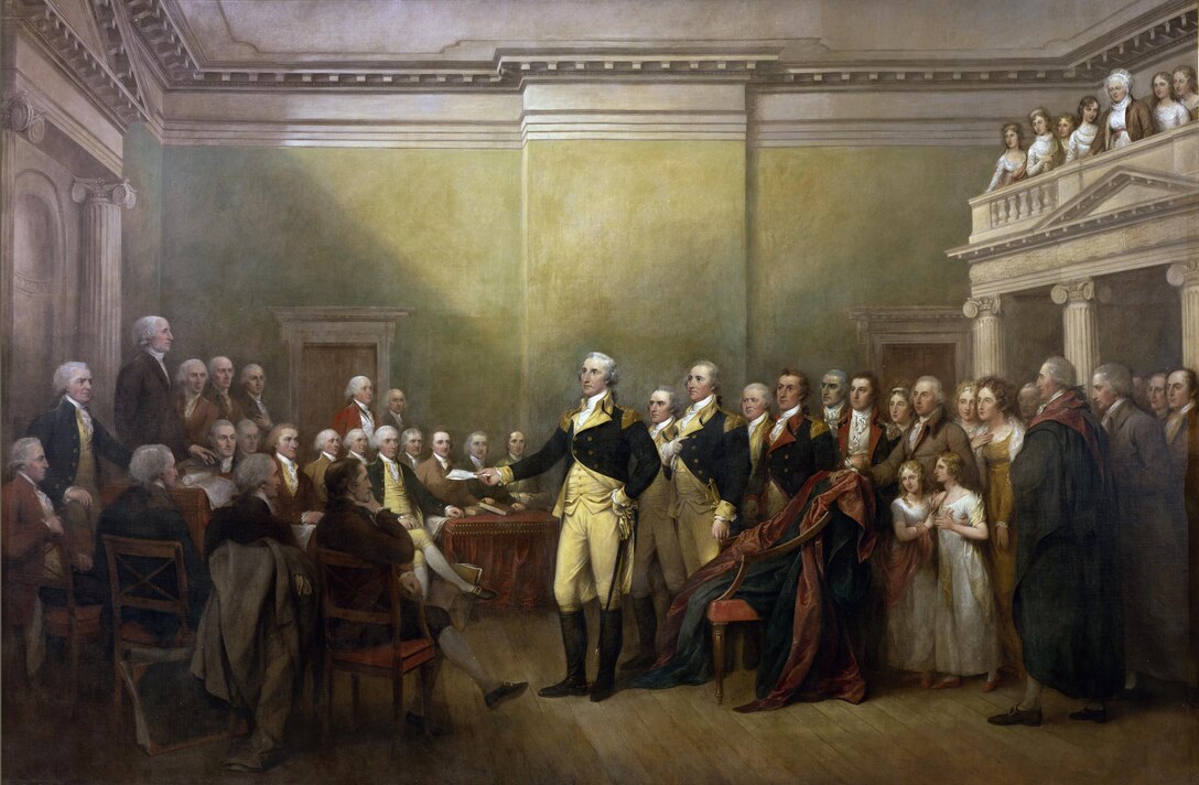 The painting General George Washington Resigning His Commission by John Trumbull is on display in the Rotunda of the U.S. Capitol. This painting depicts the scene on December 23, 1783, in the Maryland State House in Annapolis when George Washington resigned his commission as commander-in-chief of the Continental Army. The action was significant for establishing civilian authority over the military, a fundamental principle of American democracy