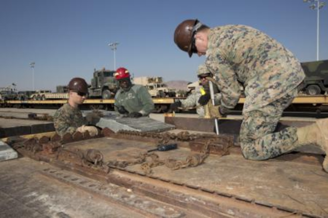 Marines from Combat Logistics Regiment 17, 1st Marine Logistics Group train in railway operations with soldiers from 171st Movement Control Company on Marine Corps Logistics Base Barstow Calif., Feb 5. Over a week and a half period, the Marines received training on all aspects of railway operations including safety and organizational and loading procedures.


