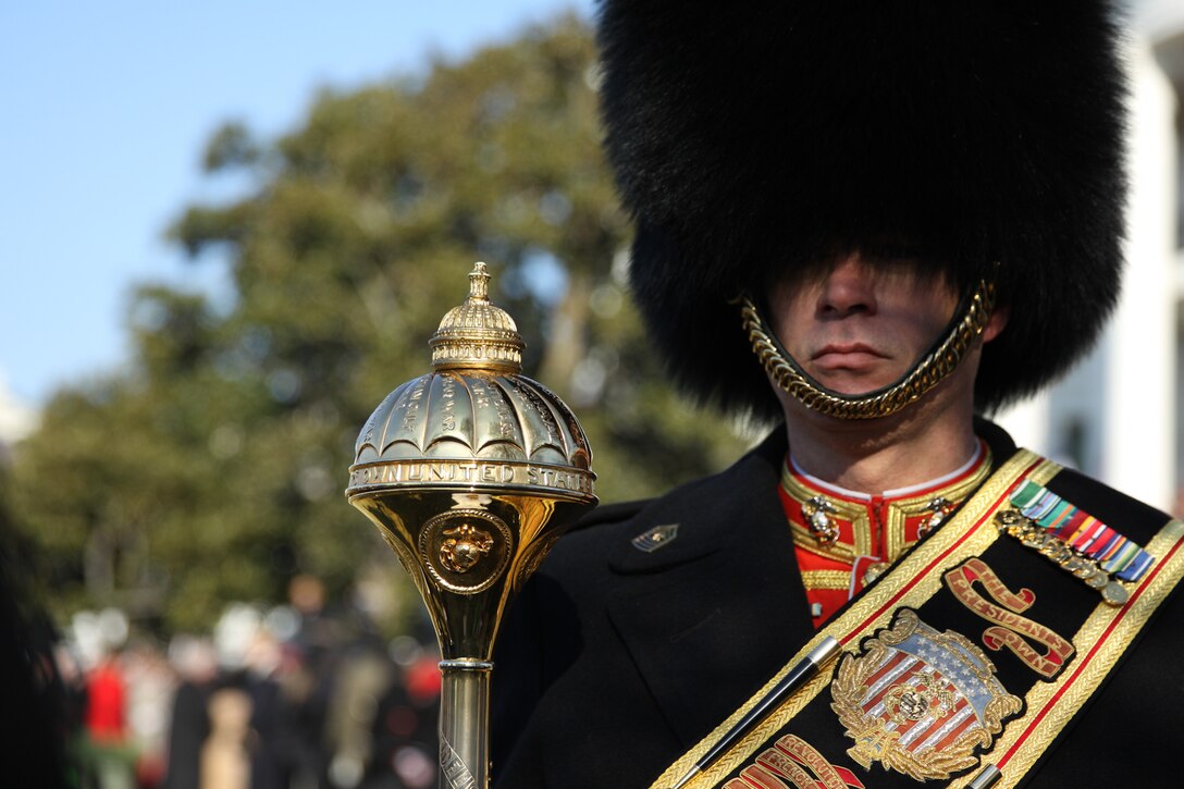 The Marine Band, led by Drum Major Master Gunnery Sgt. William L. Browne, performed for the State Arrival of His Excellency Francois Hollande, President of the French Republic on Feb. 11, 2014, on the South Lawn of the White House. (U.S. Marine Corps photo by Master Sgt. Kristin S. duBois/released)