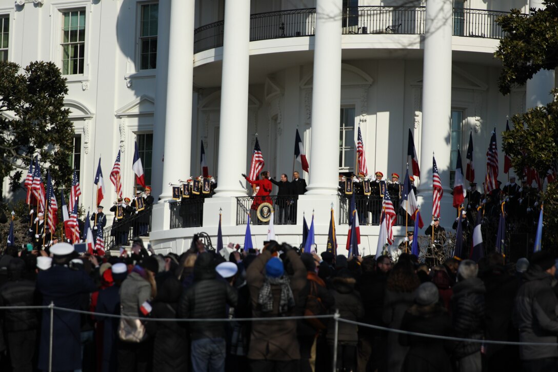 The Marine Band, led by Drum Major Master Gunnery Sgt. William L. Browne, performed for the State Arrival of His Excellency Francois Hollande, President of the French Republic on Feb. 11, 2014, on the South Lawn of the White House. (U.S. Marine Corps photo by Master Sgt. Kristin S. duBois/released)