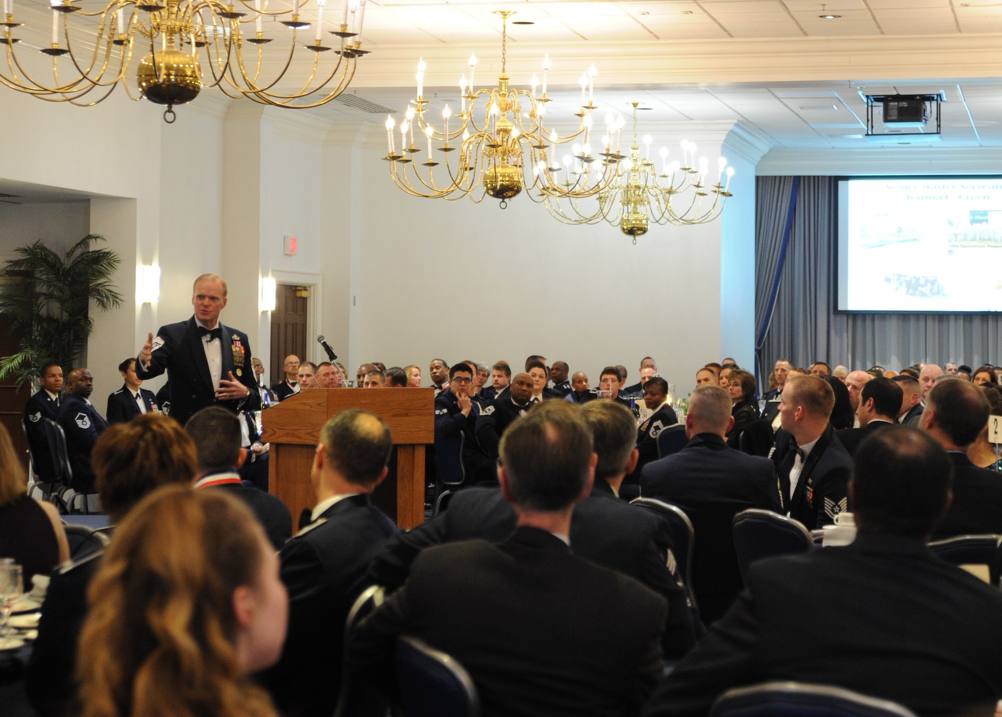 Chief Master Sgt. of the Air Force James A. Cody speaks to Airmen and their guests during the chief recognition banquet, Feb. 7, 2014, at Joint Base Anacostia-Bolling, D.C. Cody is the 17th chief master sergeant appointed to the highest noncommissioned officer position. (U.S. Air Force photo/Master Sgt. Tammie Moore)