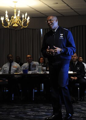 Vice Chief of Staff of the Air Force Larry Spencer shares his leadership lessons with Airmen during the chief orientation seminar Feb. 4, 2014, at Joint Base Anacostia-Bolling, D.C. During the five-day event, attendees heard from Air Force senior leaders and discussed a range of topics from civilian personnel to being a resilient leader. (U.S. Air Force photo/Master Sgt. Tammie Moore)