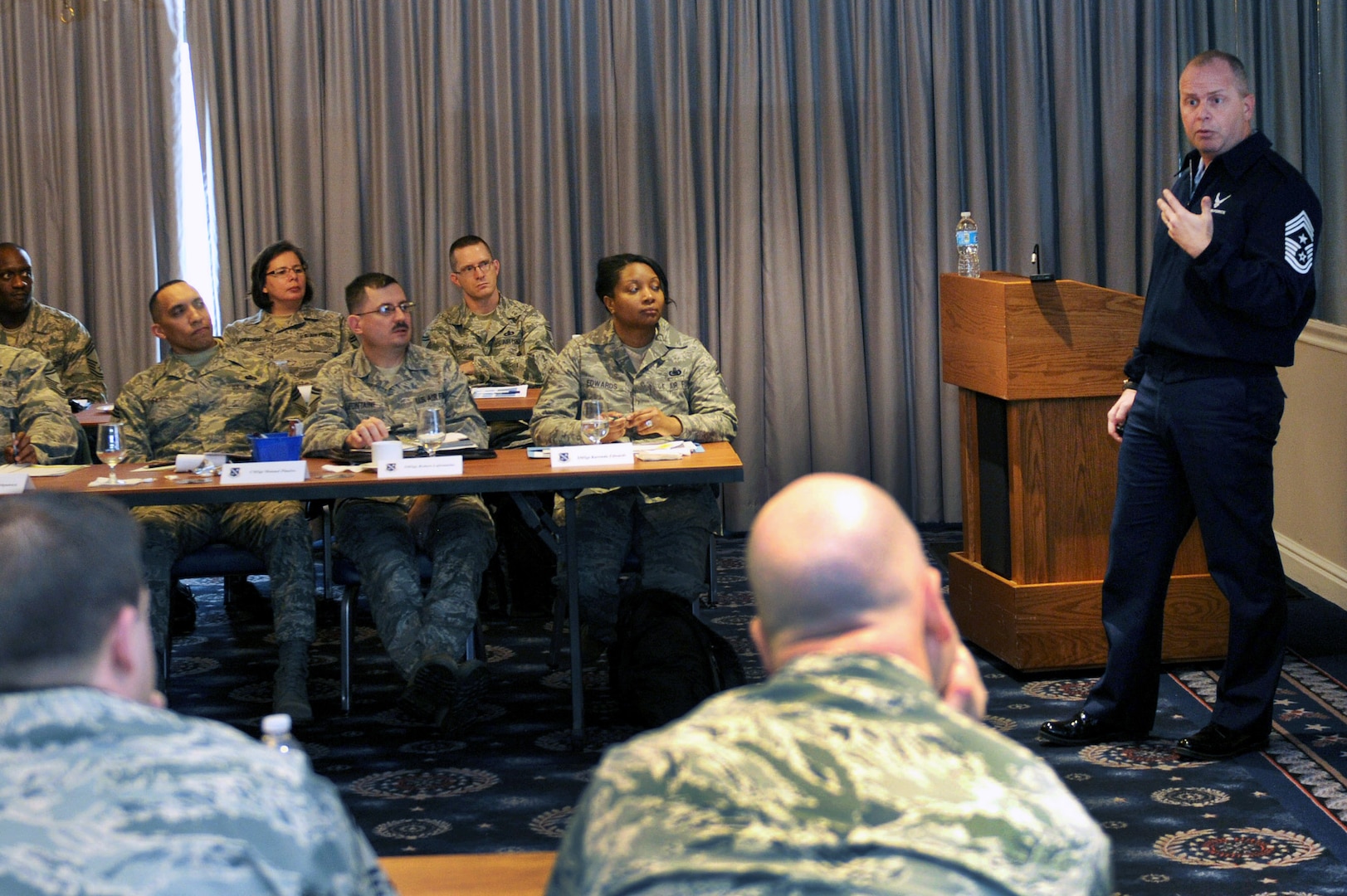 Chief Master Sgt. James Hotaling, command chief master sergeant of the Air National Guard, speaks with newly minted Air Force chief master sergeants attending the Air Force District of Washington Chief’s Orientation and Recognition Ceremony at Joint Base Anacostia-Bolling, Washington, D.C., Feb. 6, 2014.