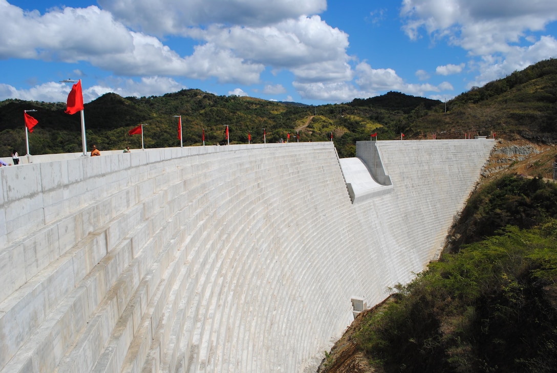 A view of the recently completed Portugues Dam as it looks before a dedication ceremony held Feb. 5. The dam, located near Ponce, Puerto Rico, is designed to reduce the impacts of flooding along the Portugues River.