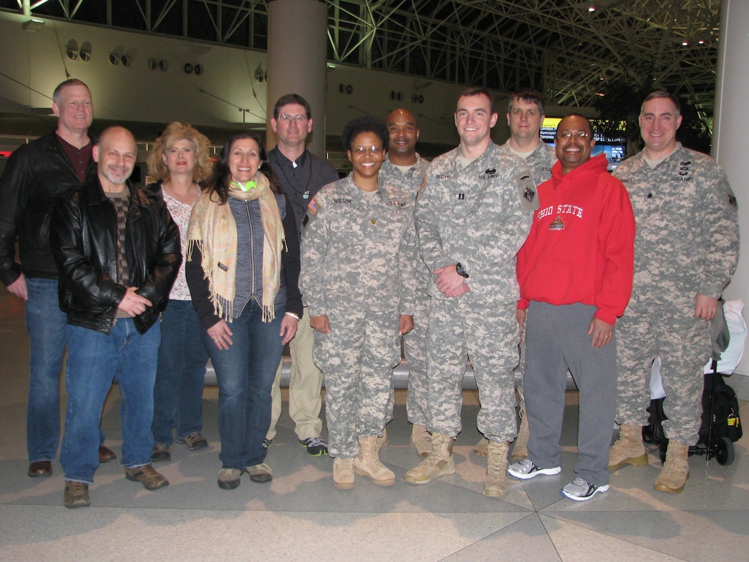 The Baltimore District FEST-A team deployed Feb. 8 from BWI Thurgood Marshall Airport to support a mission in Amman, Jordan. Supporting the team are Col. Trey Jordan (left), Baltimore District commander, and Lt. Col. Brad Endres, deputy district engineer. Maj. Timika Wilson, commander, will lead the nine-person team during the six month deployment.