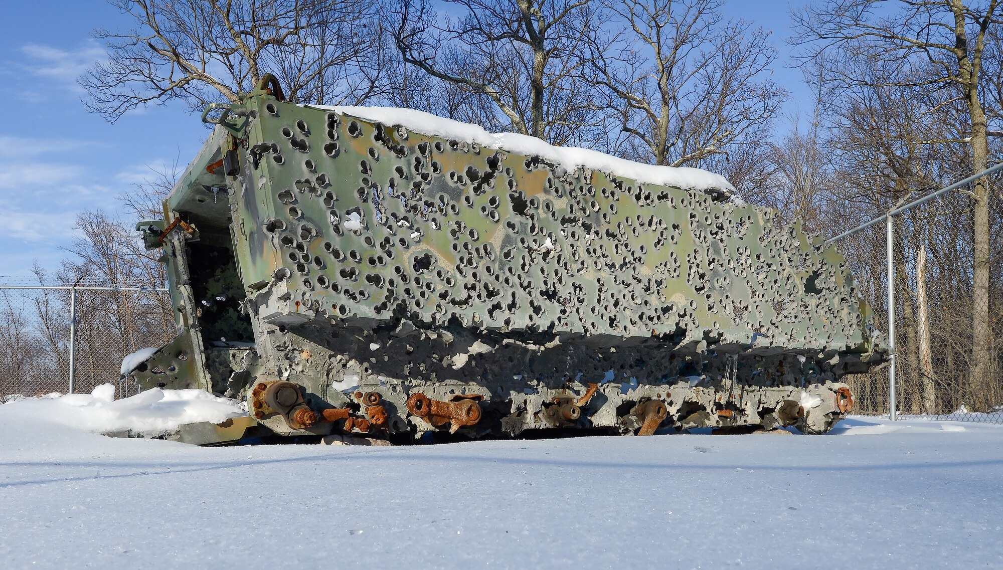 An M113 armored personnel carrier that was used as a target by fighter and close air support aircraft on the Bollen Live-Fire Range Complex has been totally destroyed and is shown near the range tower as a visual reminder of the mission on Feb. 6, 2014, Fort Indiantown Gap, Pa. Bollen Range supports live-fire training activities for most fighter units in the northeastern United States as well as helicopter, heavy transport and special mission aircraft. The 193rd Special Operations Wing, Detachment 1, Bollen Range supports the Dept. of Defense's readiness mission by allowing units to train like they would fight. (U.S. Air Force photo/Greg L. Davis)