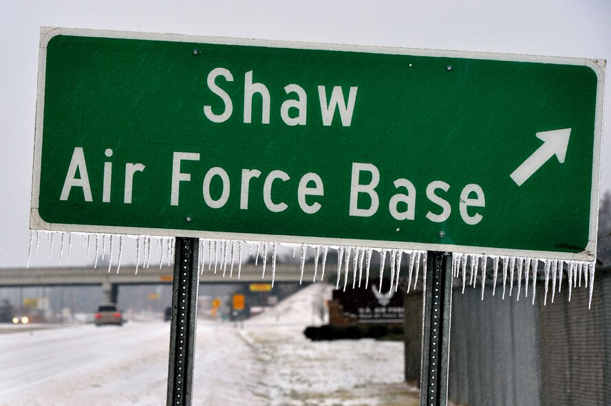Icicles form on a Shaw Air Force Base, S.C., roadway sign just outside of Shaw’s main gate, Feb. 12, 2014. Last year at Shaw, as much as 1.25 inches of ice and snow covered roads and coated trees and power lines. (U.S. Air Force Photo by Staff Sgt. Kenny Holston/Released)