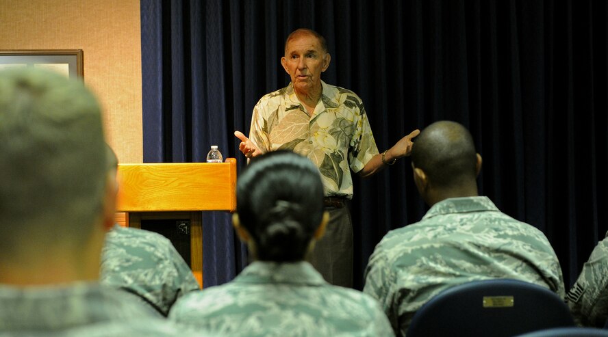 U.S. Navy Capt. (retired) Jerry Coffee, former Vietnam prisoner of war, speaks to Non-Commissioned Officer Academy students at the Binnicker Professional Military Education Center on Joint Base Pearl Harbor-Hickam, Hawaii, Feb. 11, 2014. Coffee explained how he was able to keep the faith while he was imprisoned for seven years and nine days in a Vietnamese prison. (U.S. Air Force photo/Master Sgt. Jerome S. Tayborn)