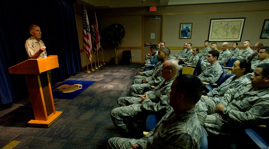 U.S. Navy Capt. (retired) Jerry Coffee, former Vietnam prisoner of war, speaks to Non-Commissioned Officer Academy students at the Binnicker Professional Military Education Center on Joint Base Pearl Harbor-Hickam, Hawaii, Feb. 11, 2014. Coffee gave a chronological account of his time spent in captivity and described how he never lost faith. (U.S. Air Force photo/Master Sgt. Jerome S. Tayborn)