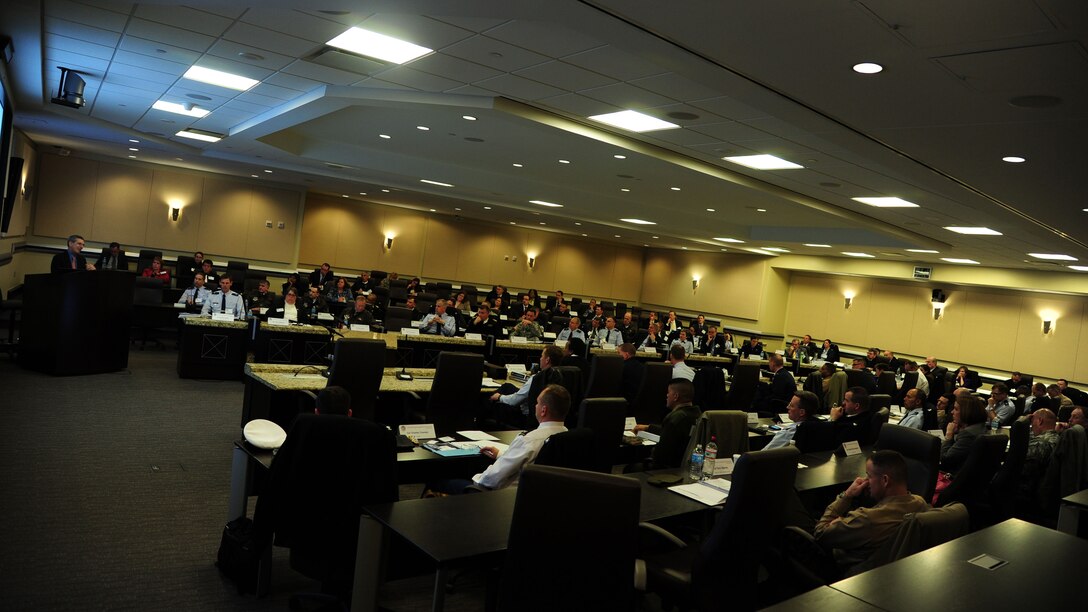 Alan F. Estevez speaks to a group of senior leadership within the Department of Defense at Joint Base Andrews, Feb. 12, 2014. Estevez spoke on fiscal year 13’s cost and performance review. Estevez the principal deputy under security of defense for the DoD. (U.S. Air Force photo/Airman 1st Class Aaron Stout) 