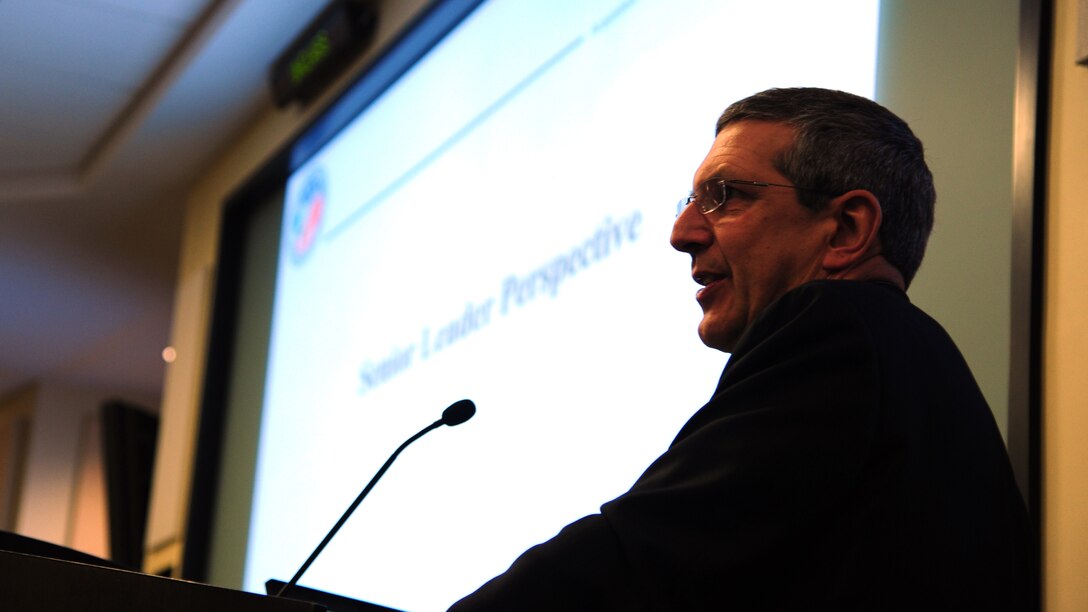 Alan F. Estevez speaks to a group of senior leadership within the Department of Defense at Joint Base Andrews, Feb. 12, 2014. Estevez spoke on fiscal year 13’s cost and performance review. Estevez the principal deputy under security of defense for the DoD. (U.S. Air Force photo/Airman 1st Class Aaron Stout) 