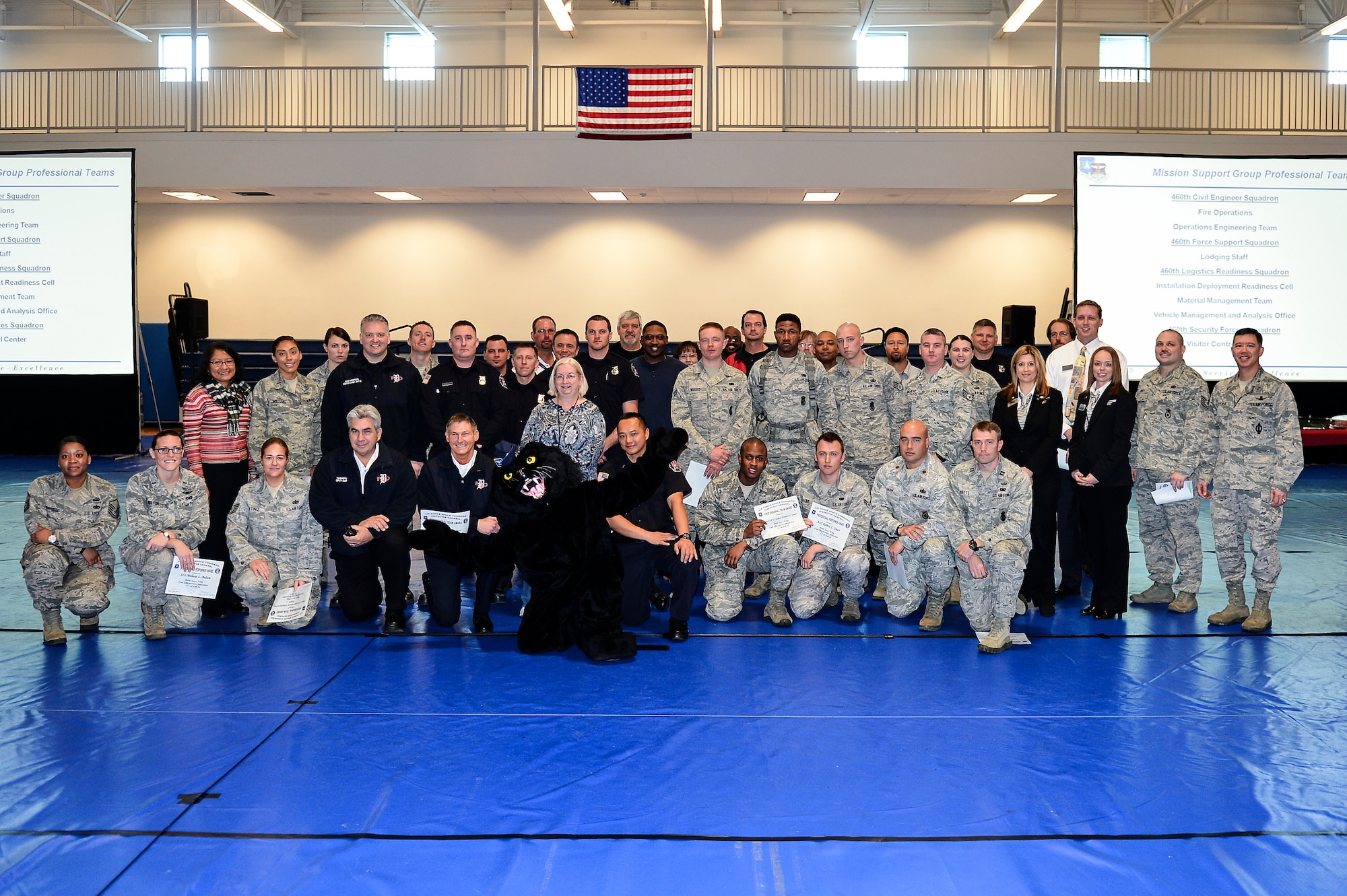Members of the 460th Mission Support Group received Unit Effectiveness Inspection Professional Team and Professional Performer awards during the commander’s call and UEI out brief Feb. 10, 2014, at the fitness center on Buckley Air Force Base, Colo. These individuals and teams received the awards for demonstrating exceptional performance and teamwork.  (U.S. Air Force photo by Senior Airman Riley Johnson/Released)