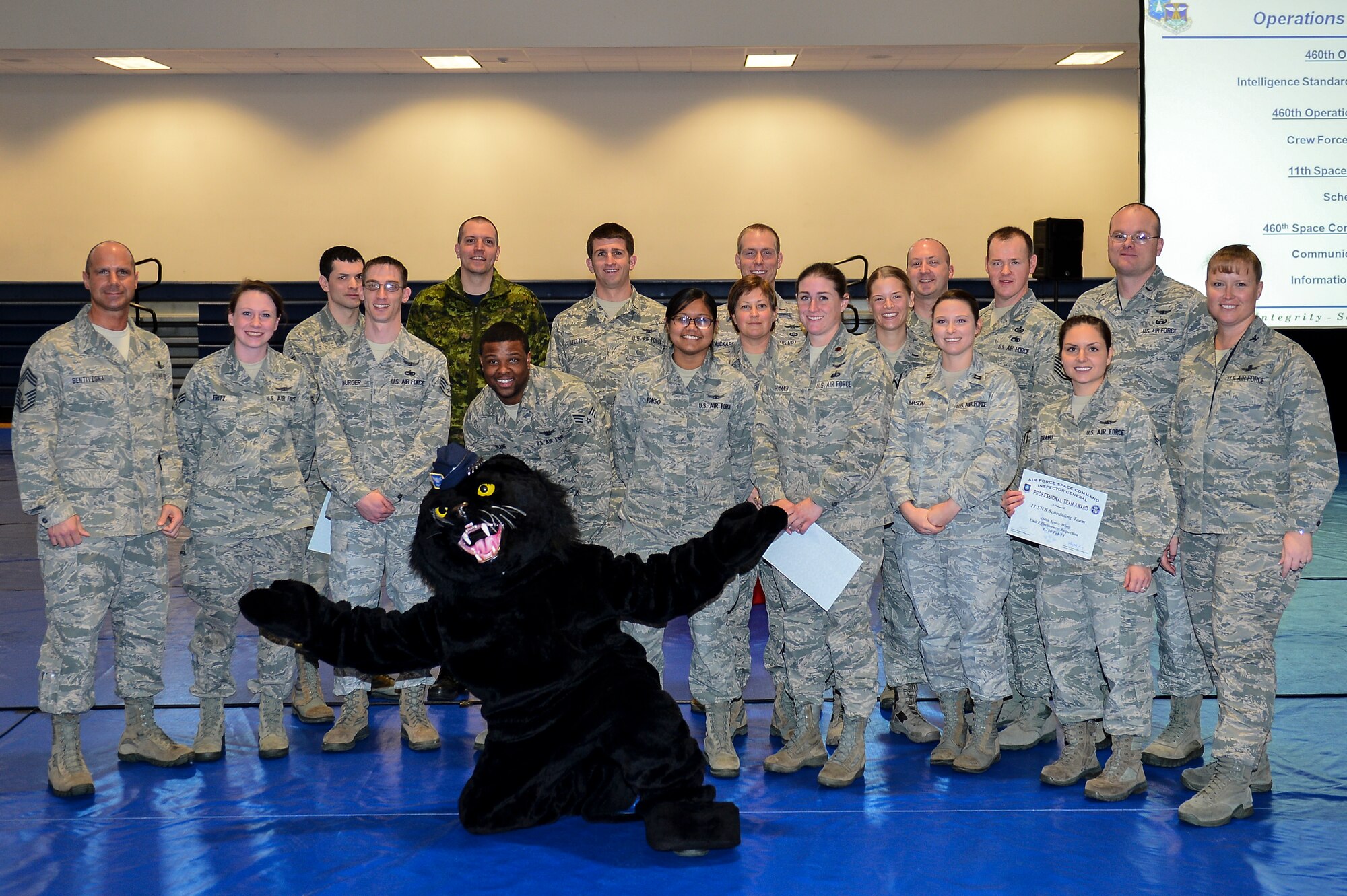Members of the 460th Operations Group received Unit Effectiveness Inspection Professional Team and Professional Performer awards during the commander’s call and UEI outbrief Feb. 10, 2014, at the fitness center on Buckley Air Force Base, Colo. These individuals and teams received the awards for demonstrating exceptional performance and teamwork.  (U.S. Air Force photo by Senior Airman Riley Johnson/Released)