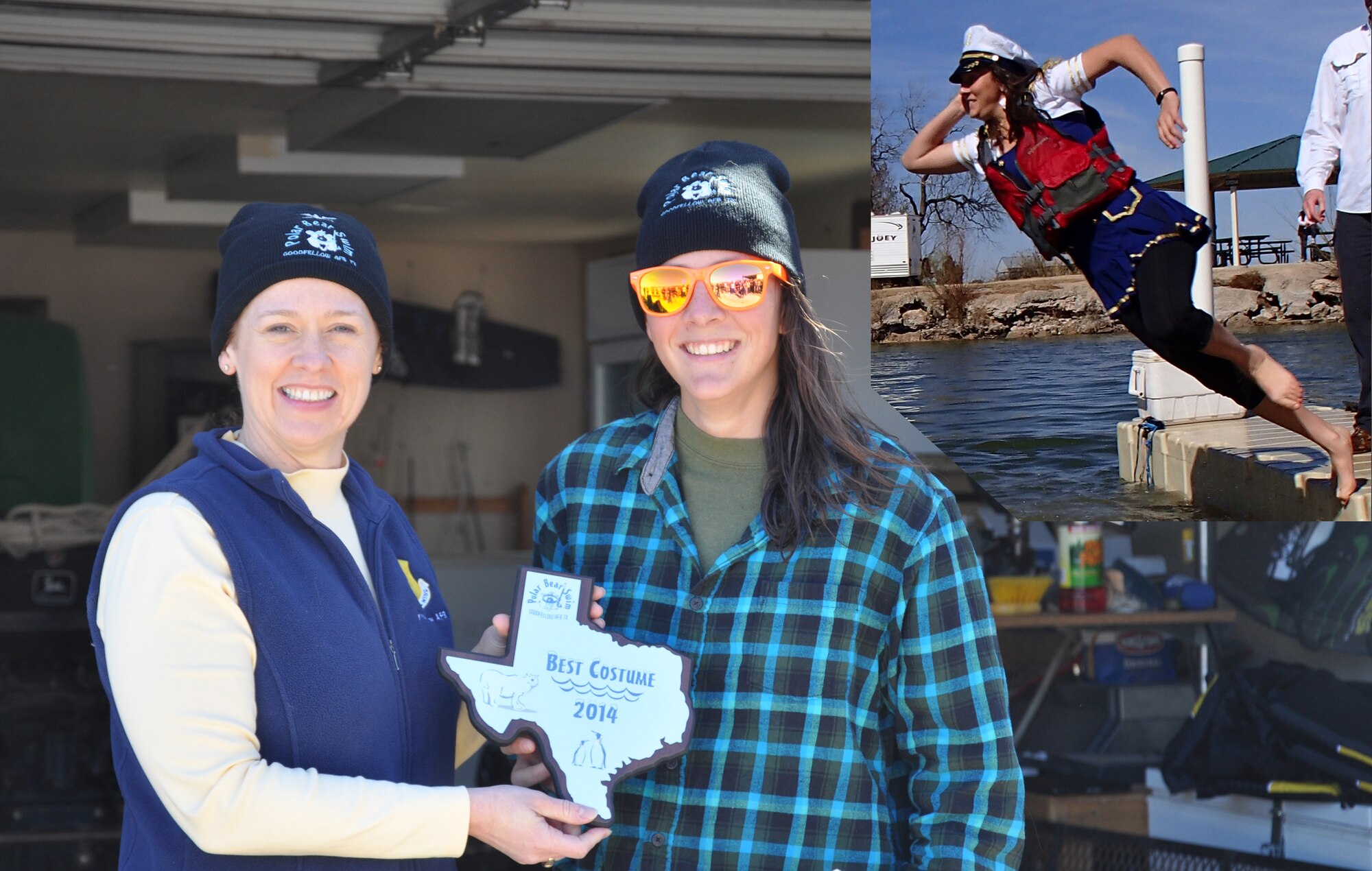 GOODFELLOW AIR FORCE BASE, Texas - Col. Kimberlee Joos, 17th Training Wing Commander, presents the Best Costume award to Army Pfc. Rachael Kinnell, Army 344th Military Intelligence Battalion student, during the 12th Annual Polar Bear Plunge at the Goodfellow Outdoor Recreation Camp here Feb. 8. Kinnell dressed as an admiral for the plunge. (U.S. Air Force photo/ 17th Training Wing Public Affairs)
