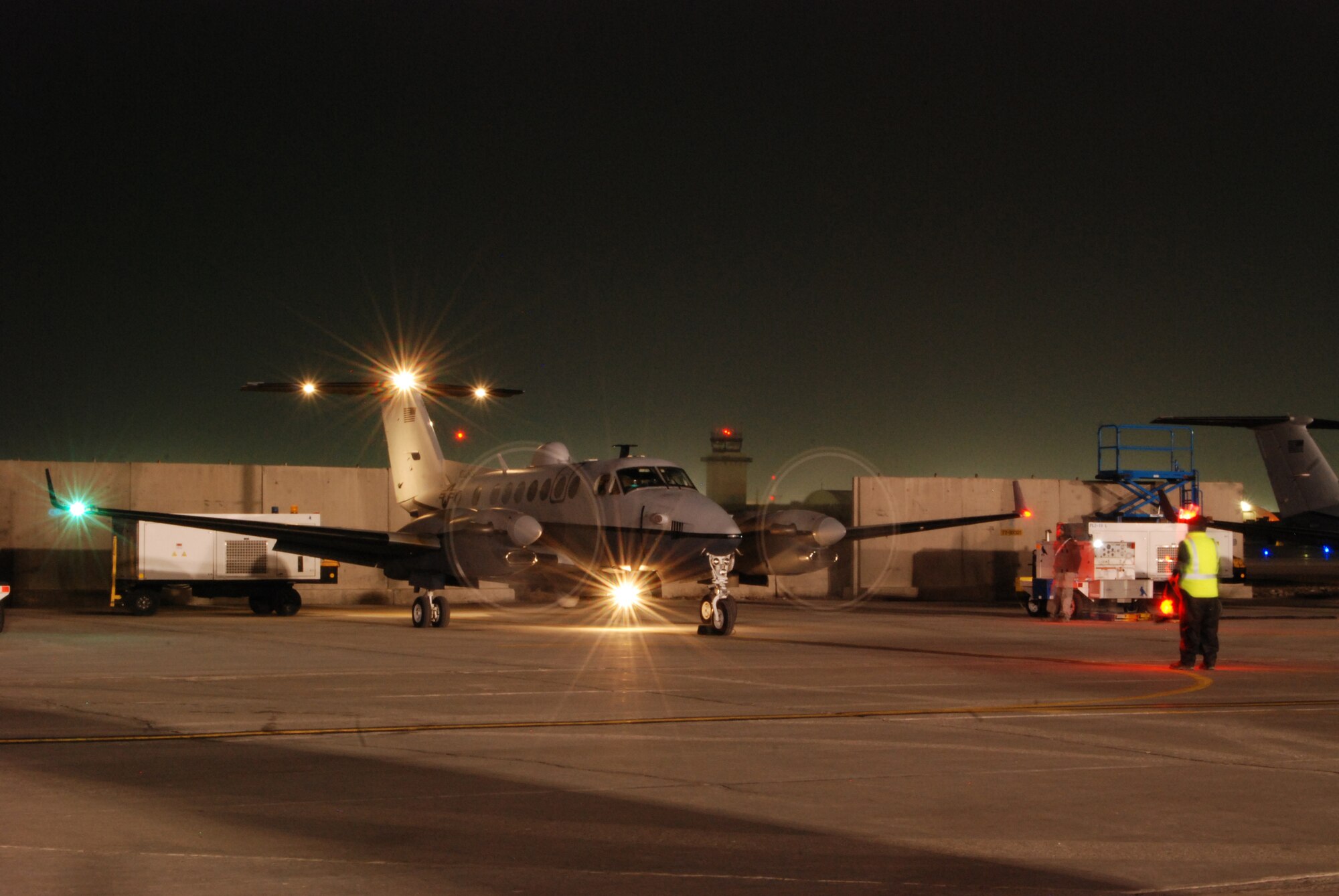 A MC-12W Liberty taxis from its parking spot at Bagram Airfield, Afghanistan, Feb. 11, 2014. The MC-12W is vital to intelligence, surveillance and reconnaissance missions throughout Afghanistan. (U.S. Air Force photo by Capt. Brian Wagner/Released)