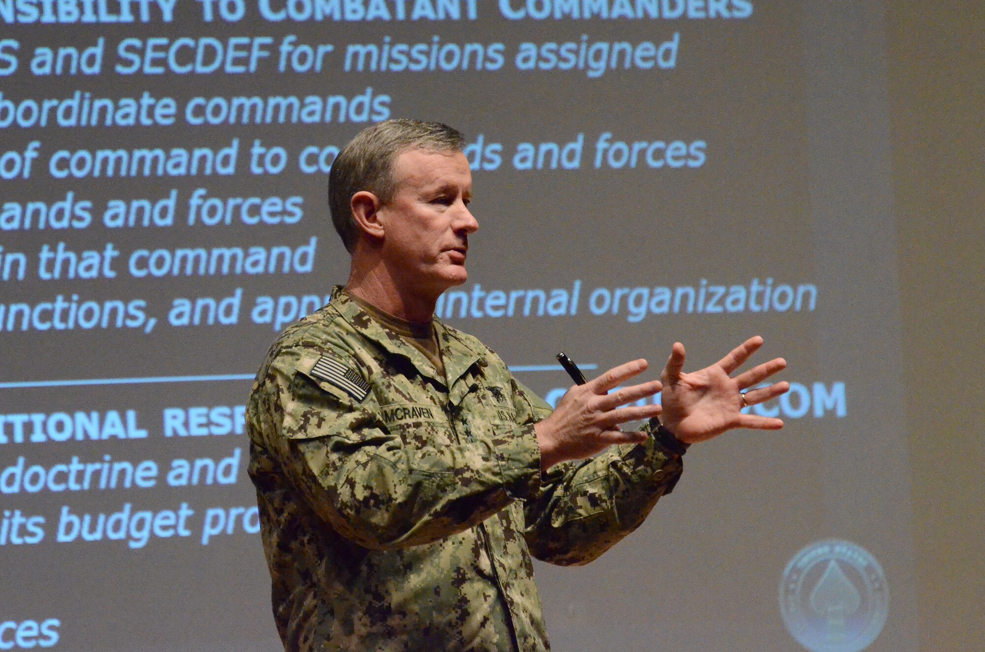 U.S. Navy Admiral William McRaven, Commander of U.S. Special Operations Command, speaks to members of 12th Air Force (Air Forces Southern) about the USSOCOM mission during a commander’s call on Davis-Monthan AFB, Ariz., Feb. 7, 2014.  12 AF (AFSOUTH) serves as the air arm to U.S. Southern Command, a joint military command supporting U.S. national security objectives through the Western Hemisphere in cooperation with domestic and international partners, in order to foster security, ensure stability, and promote prosperity throughout Central and South America, the Caribbean and the global community.  (U.S. Air Force photo by Staff Sgt. Heather R. Redman/Released) 