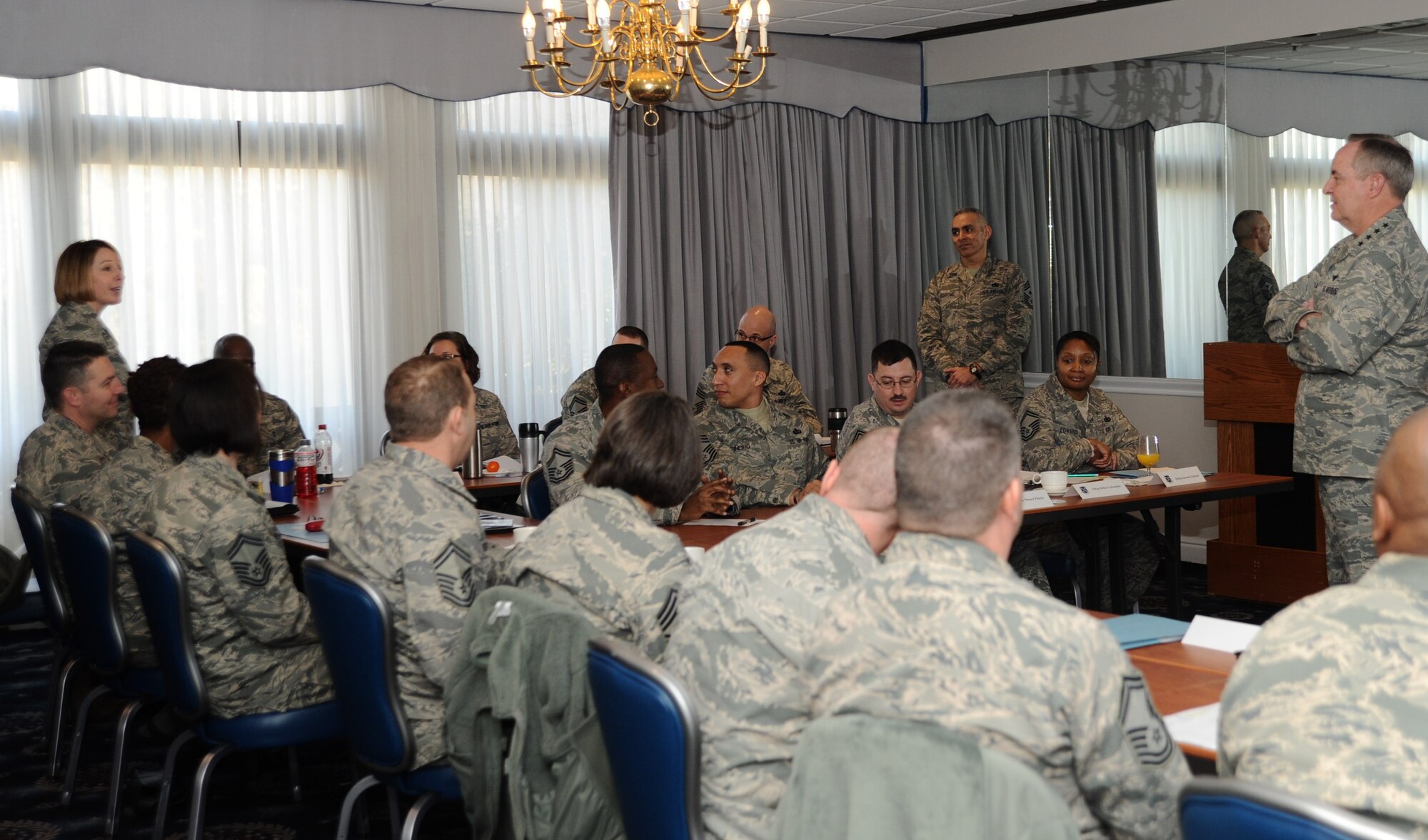 Senior Master Sgt. Melanie Noel asks Air Force Chief of Staff Gen. Mark A. Welsh III a question during the Chief Orientation Seminar at Joint Base Anacostia-Bolling, D.C., Feb. 7, 2014. Noel is a Secretary of the Air Force Legislative Liaison. (U.S. Air Force photo/Master Sgt. Tammie Moore)