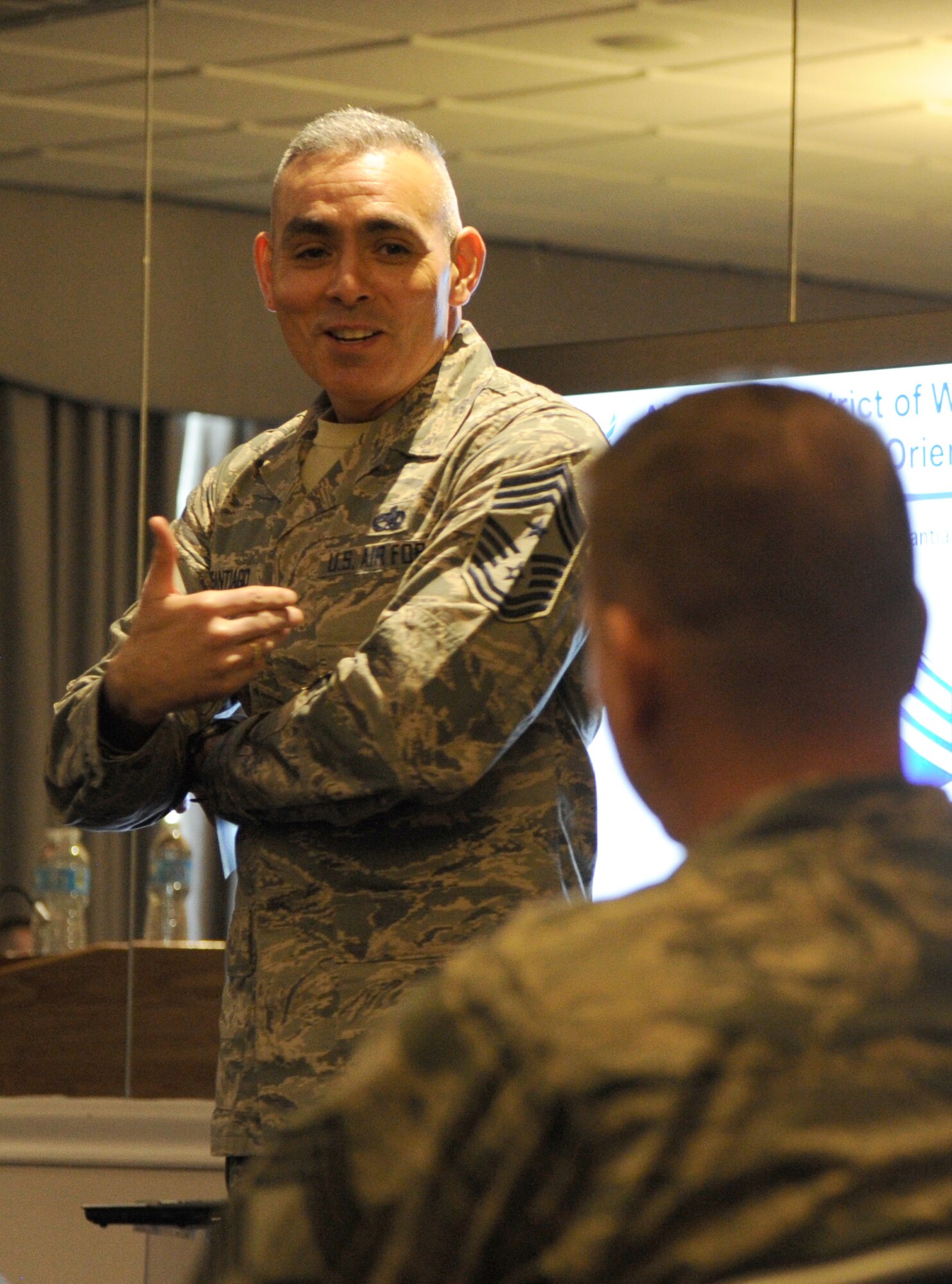 Air Force District of Washington Command Chief Master Sgt. Jose LugoSantiago shares his leadership perspective with attendees of the Chief Orientation Seminar at Joint Base Anacostia-Bolling, D.C., Feb. 6, 2014.  During the seminar several Air Force leaders addressed topics ranging from civilian personnel to being a resilient leader. (U.S. Air Force photo/Master Sgt. Tammie Moore)