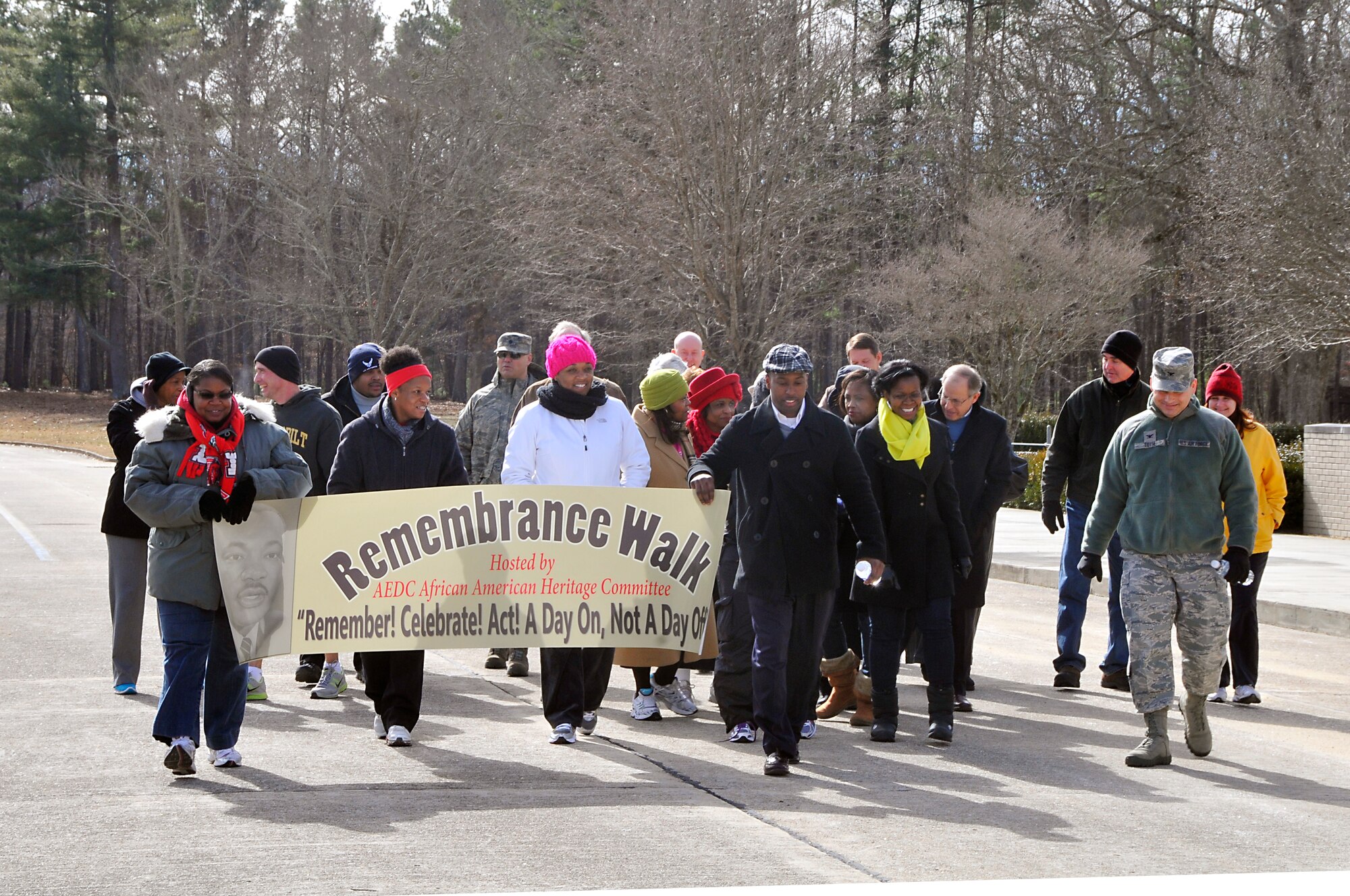 Employees recently participated in a Remembrance Walk at Arnold Engineering Development Complex (AEDC) as a tribute to Dr. Martin Luther King Jr. and others who made sacrifices for equality and fairness in providing opportunities and freedoms for all people. The event was also in recognition of the national birthday celebration of King with a theme of “Remember! Celebrate! Act! … A Day On, Not a Day Off.” The theme focused on community service. The event began with remarks from AEDC African American Heritage Committee Remembrance Walk Coordinators Fred Rone and Art Walker and AEDC Commander Col. Raymond Toth followed by a walk around a portion of the Complex.