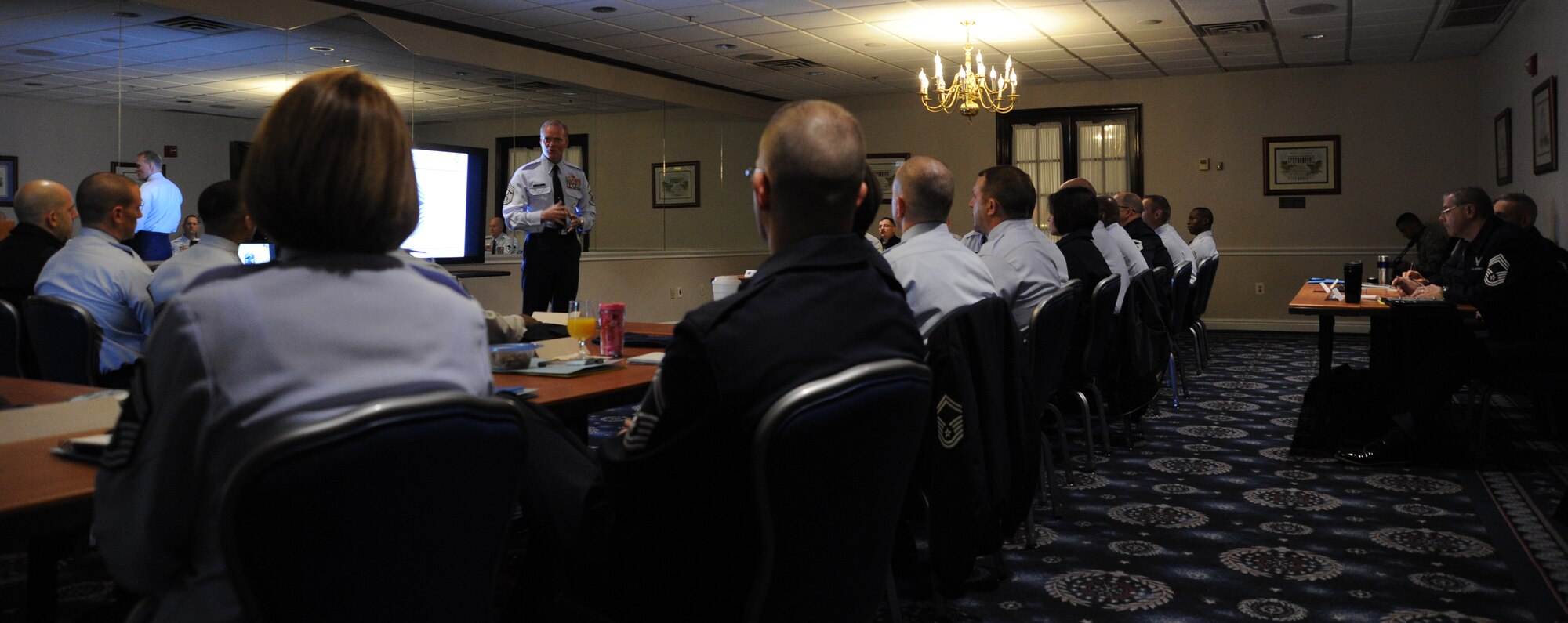 Chief Master Sgt. of the Air Force James A. Cody speaks to Airmen during the Chief Orientation Seminar at Joint Base Anacostia-Bolling, D.C., Feb. 4, 2014. Chief master sergeant selects and new chief master sergeants assigned to the Air Force District of Washington from across the National Capital Region attended the five-day seminar.   (U.S. Air Force photo/Master Sgt. Tammie Moore)