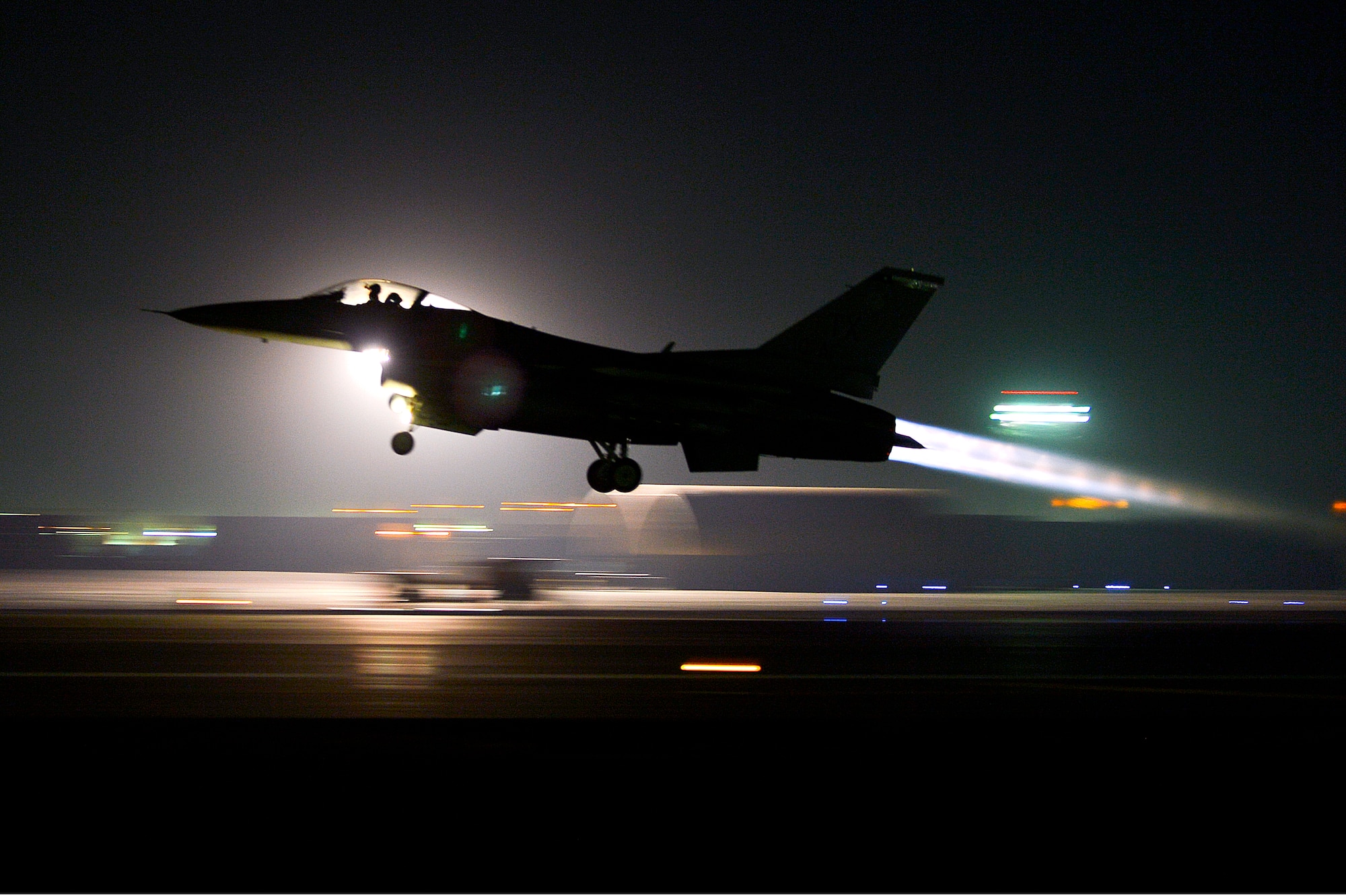 An F-16 Fighting Falcon takes off for a night mission at Bagram Airfield, Afghanistan, Feb. 9, 2014. The F-16’s are deployed from Fort Worth, Texas. (U.S. Air Force photo by Senior Airman Kayla Newman/Released)