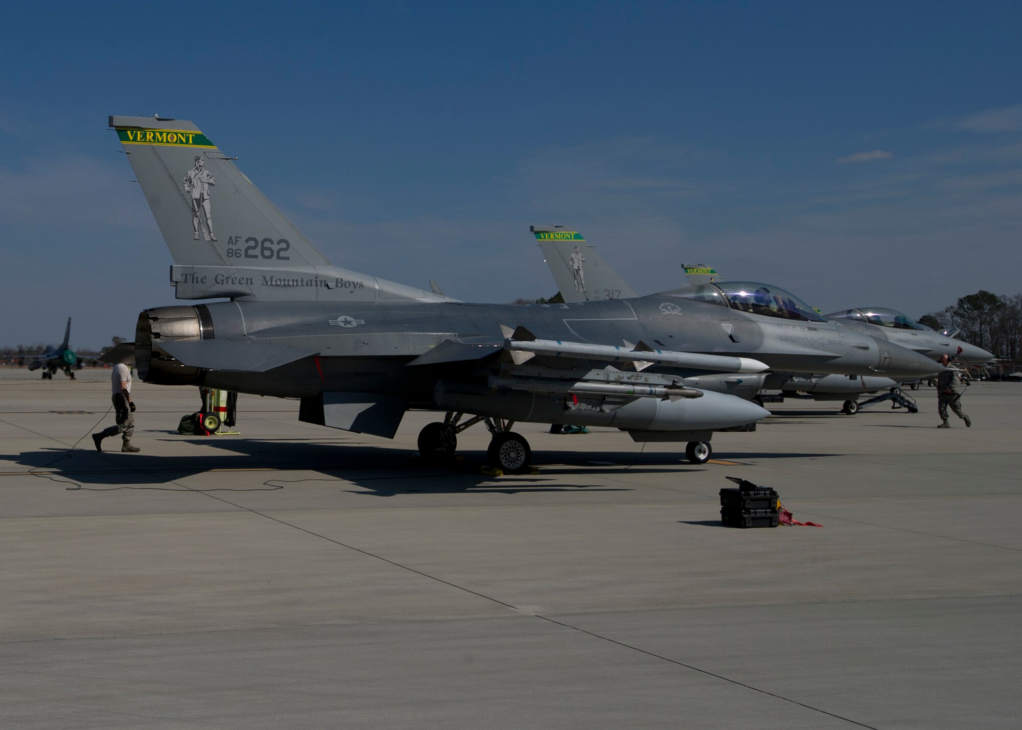 F-16 Fighting Falcons from the 134th Fighter Squadron, Air National Guard Vermont, start their engines and prepare for a sortie Feb. 10 at the Savannah Combat Readiness Training Center, 165th Airlift Wing, Savannah Air National Guard, Ga. (U.S. Air Force photo by Senior Airman Christopher Reel) 
