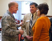 140211-F-JW079-066
Lt. Gen. Stephen Wilson, commander of Air Force Global Strike Command, visits with Tucker Fagan, Congressman Cynthia Lummis’ chief of staff, and Debbie McCann, Senator Mike Enzi’s field representative, after speaking at an Air Force Association luncheon Feb. 11, 2014, in the Plains Hotel in Cheyenne, Wyo. Wilson was in Cheyenne meeting with the commanders and Airmen of the 20th Air Force and 90th Missile Wing. (U.S. Air Force photo by R.J. Oriez)
