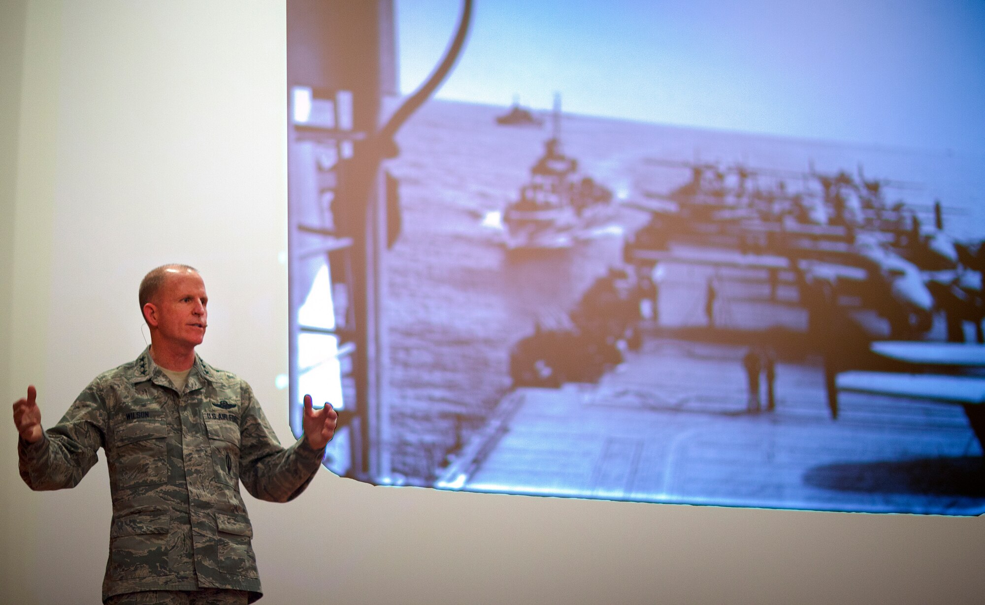 140211-F-JW079-098
Lt. Gen. Stephen Wilson, commander of Air Force Global Strike Command, addresses Airmen of the 20th Air Force and the 90th Missile Wing during an all call in the F.E. Warren Air Force Base, Wyo., base theater Feb. 11, 2014. During his talk, Wilson gave the famous Doolittle Raid as an example of thinking outside of the box. (U.S. Air Force photo by R.J. Oriez)
