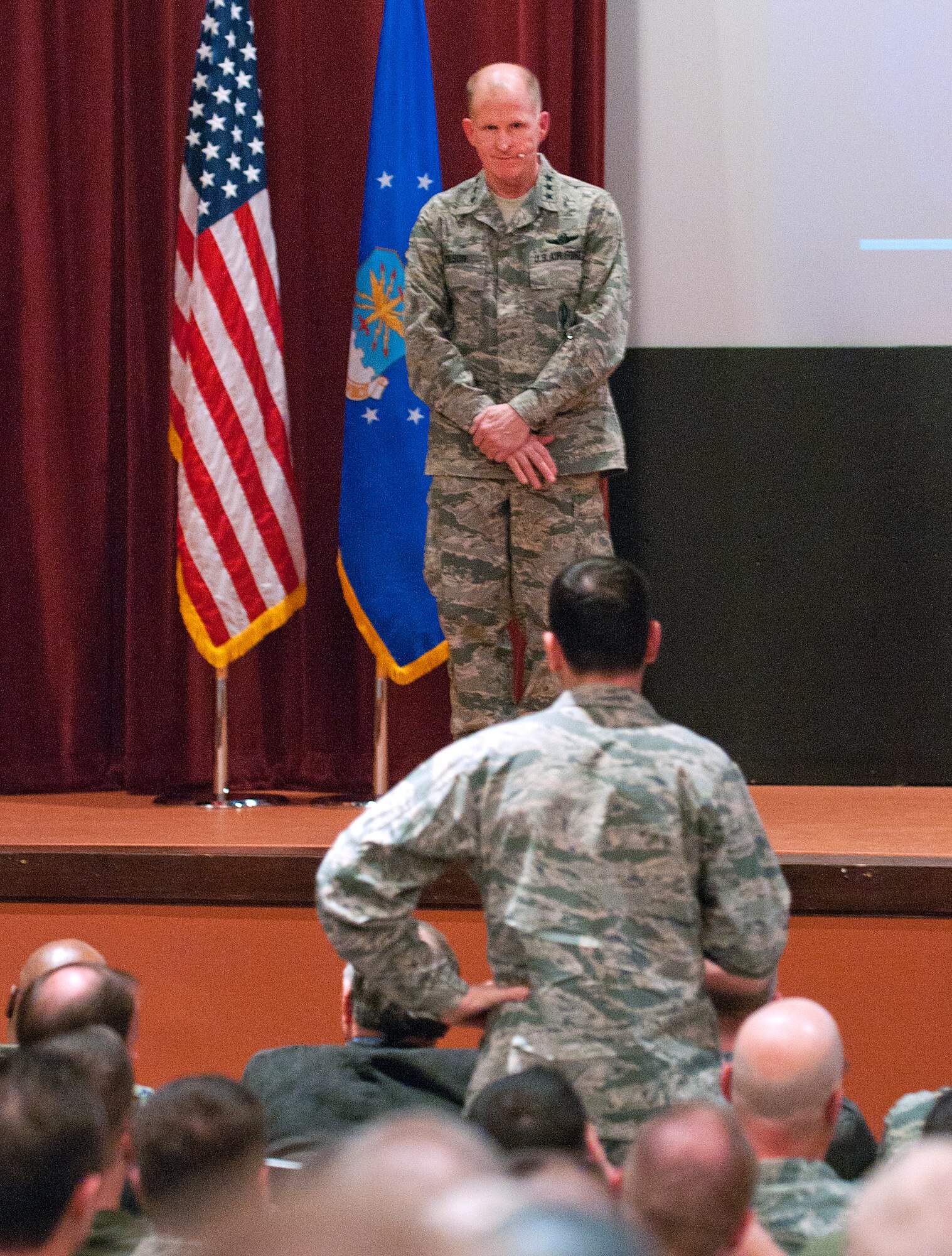 140211-F-JW079-155
Lt. Gen. Stephen Wilson, commander of Air Force Global Strike Command, listens to a question during an all call for the Airmen of the 20th Air Force and the 90th Missile Wing on F.E. Warren Air Force Base, Wyo., Feb. 11, 2014. (U.S. Air Force photo by R.J. Oriez)
