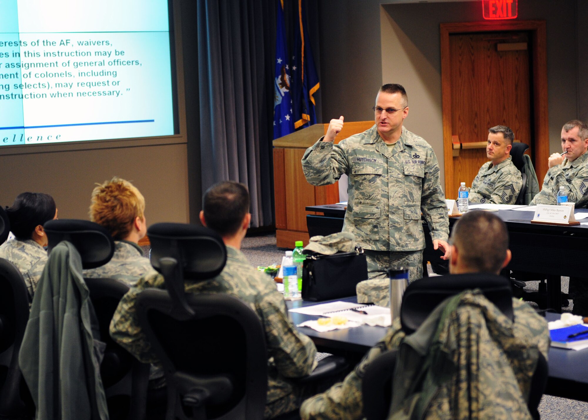 Chief Master Sgt. Buddy Hutchison of the Air Force Chiefs' Group presents at the 2014 AFMC Chiefs' Orientation. (U.S. Air Force photo/Senior Airman James Jacobs)