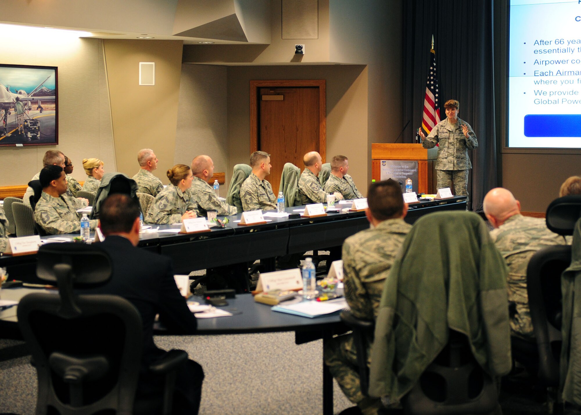 Gen. Janet Wolfenbarger, Air Force Materiel Command commander, presents her Leadership Perspective at the 2014 AFMC Chiefs' Orientation. (U.S. Air Force photo/Senior Airman James Jacobs)