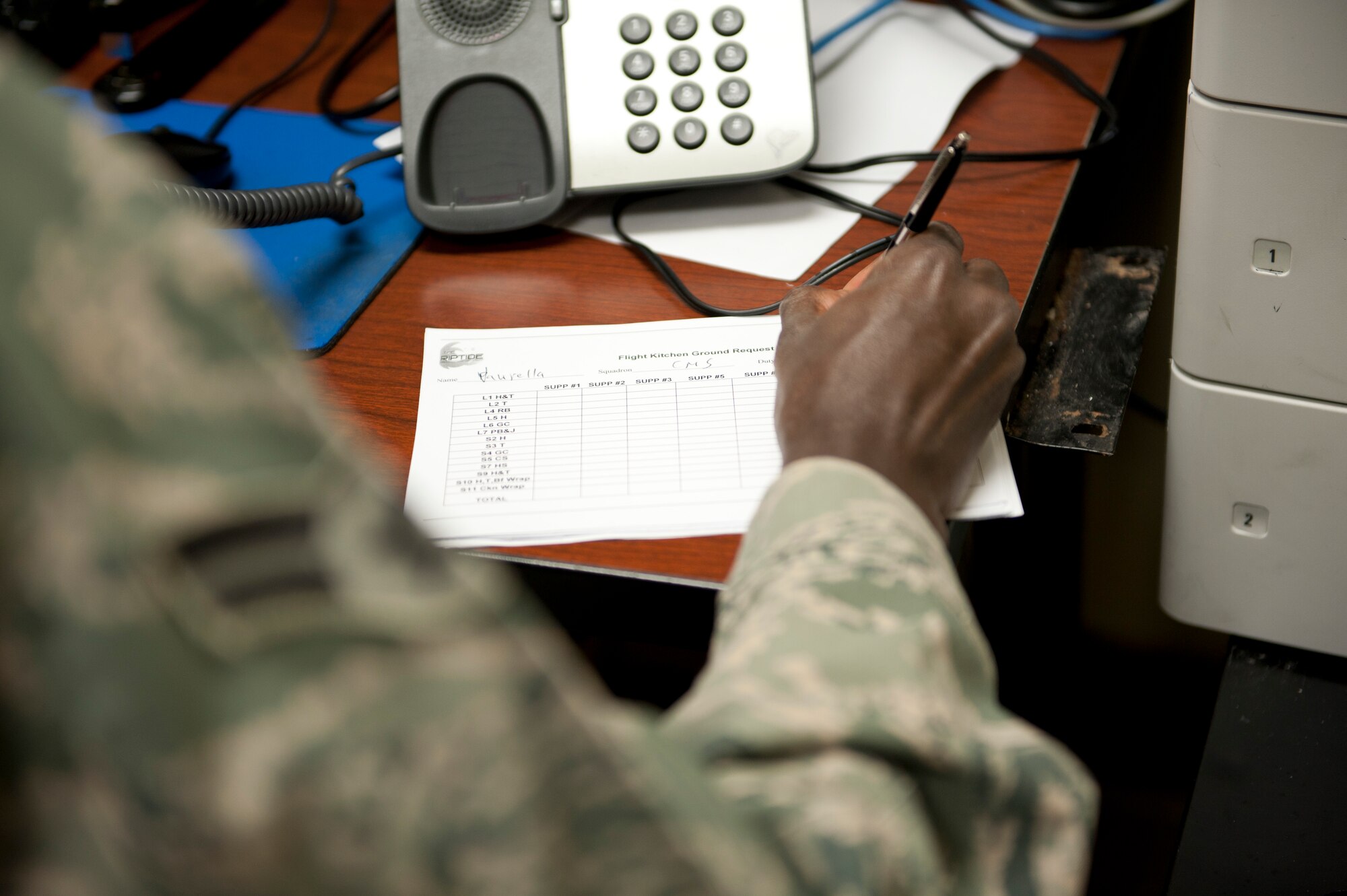 Airman 1st Class Cheikh Dieng, 1st Special Operations Force Support Squadron food service apprentice, takes an order at the Riptide Dining Facility on Hurlburt Field, Fla., Feb. 6, 2014. Airmen can place orders via phone or fax. (U.S. Air Force photo/Senior Airman Krystal M. Garrett)