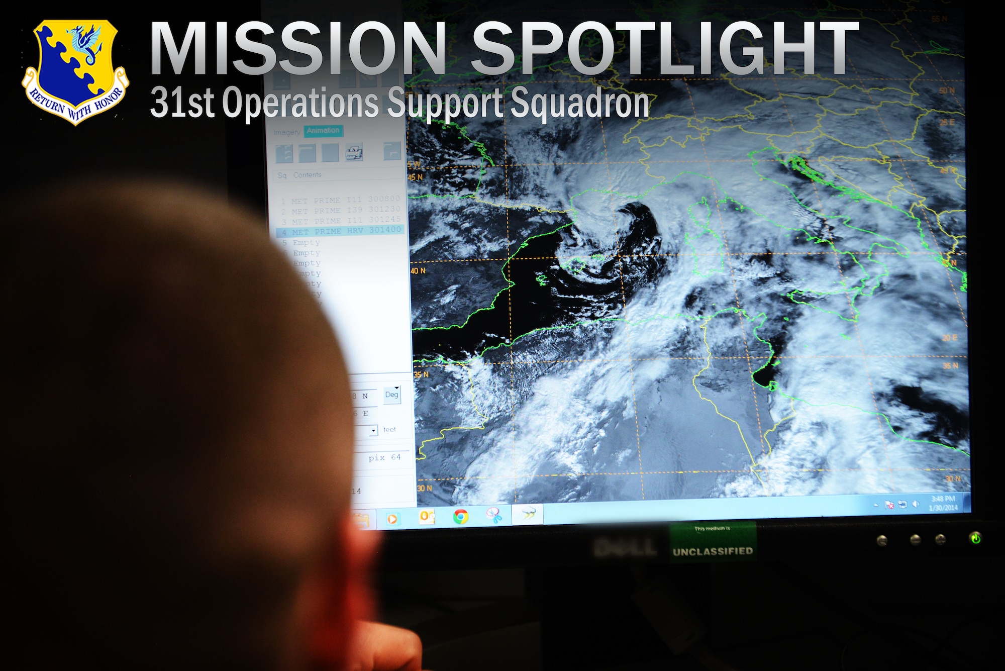 First Lieutenant David DeMeuse, 31st Operations Support Squadron Weather Flight commander, observes cloud patterns over Italy using real-time satellite imagery, Jan. 30, 2014, at Aviano Air Base, Italy. The weather flight employs the "eyes forward" approach using real-time radar, satellite imagery, sensor readouts and visual observations to tailor weather conditions specifically for the 31st Fighter Wing. (U.S. Air Force photo/Airman 1st Class Ryan Conroy) 