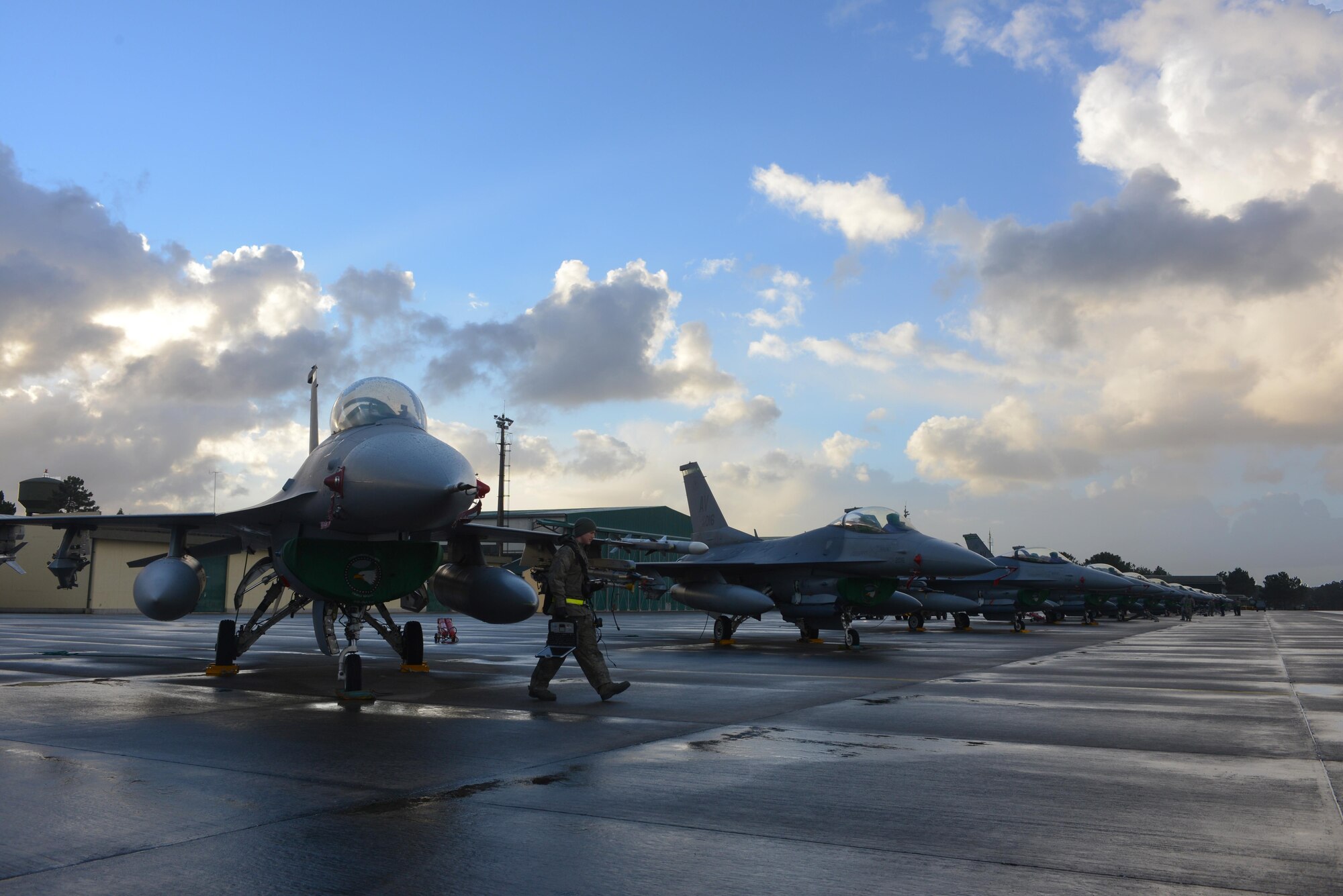 In preparation for a Feb. 9, 2014, Atlantic storm, 14 F-16 Fighting Falcons from the 31st Fighter Wing were lined up on the Monte Real Air Base flightline to protect them from overhanging foliage and debris. (U.S. Air Force photo/2nd Lt. Allie Delury)