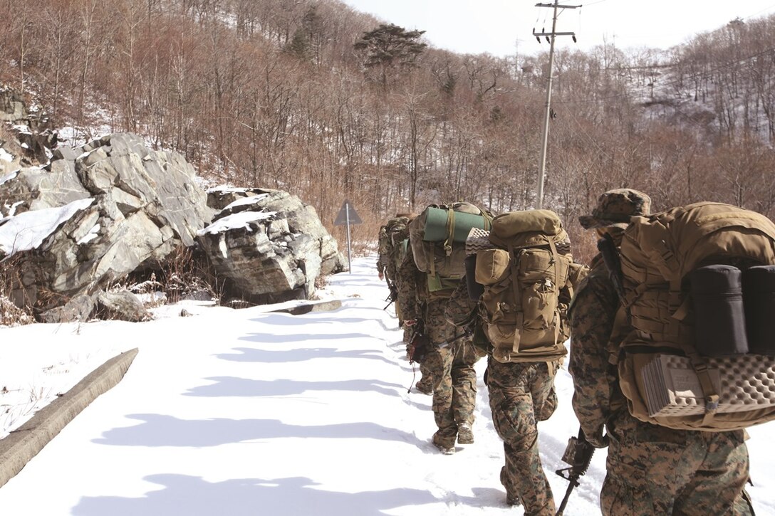 Republic of Korea Marines hike through snow with U.S. Marines Jan. 26 during Korean Marine Exchange Program 14-3 near the Mountain Warfare Training Camp in Pyeongchang, Republic of Korea.  As part of KMEP, the Marines cross-trained in a multitude of cold-weather missions such as skiing, assaults, patrols and raids. The grueling hike was 400-kilometers long and covered various terrain including roads and mountains. The Marines in the photo had only just begun the hike and were already feeling the effects of the extreme cold weather. The Marines in the photo are with Company A, 3rd Reconnaissance Battalion, 3rd Marine Division, III Marine Expeditionary Force. The ROK Marines are from the 1st ROK Special Reconnaissance Battalion, 1st ROK Division.