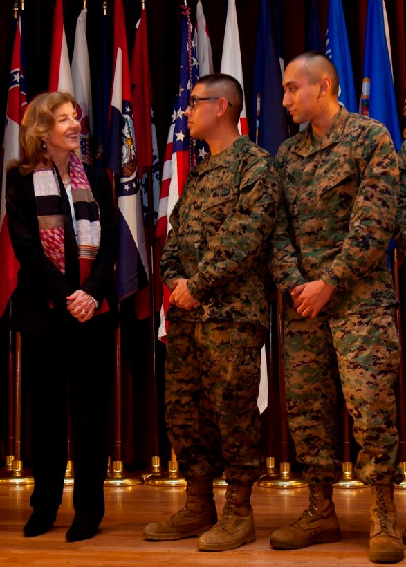 CAMP FOSTER- Ambassador Caroline B. Kennedy, left, talks with Marines after her opening remarks Feb. 13 at the Camp Foster Community Center. This was Kennedy’s first visit to Okinawa since being appointed as the U.S. ambassador to Japan in November 2013. Kennedy is the daughter of John F. Kennedy, the 35th president of the U.S., and she is the first female to be appointed as U.S. ambassador to Japan. The Marines are with various units within III Marine Expeditionary Force and Marine Corps Installations Pacific. (U.S. Marine Corps photo by Cpl. Terry Brady/Released)