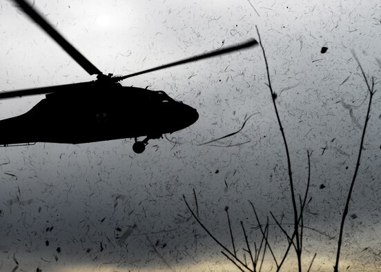 A 12th Combat Aviation Brigade UH-60 Black Hawk helicopter sends debris flying during its decent on a simulated combat search and rescue mission, Jan. 28, 2014, at Cellina Meduna training grounds near Maniago, Italy. There were several aspects to the training mission to include close air support, Survival, Evasion, Resistance and Escape training for personnel on the ground and a search and rescue coordinated with a U.S. Army UH-60 Black Hawk helicopter crew extracting isolated pilots from “hostile” environments. (U.S. Air Force photo/Airman 1st Class Ryan Conroy) 
