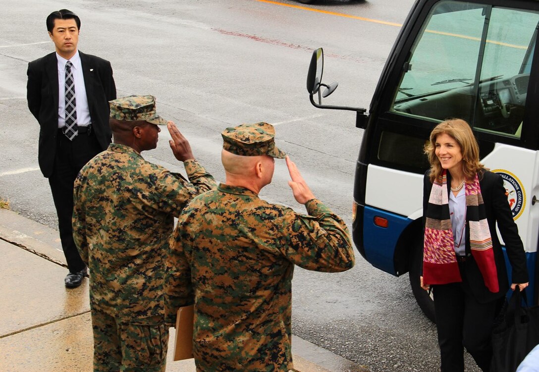 CAMP SCHWAB- Ambassador Caroline B. Kennedy, right, is greeted by Col. Richard D. Hall, center, and Sgt. Maj. Keith L. Smith Feb. 13 at Camp Schwab. Kennedy visited Marine Corps installations on Okinawa during her first visit to Okinawa. Kennedy is the daughter of John F. Kennedy, the 35th president of the U.S., and she is the first female to be appointed as the U.S. ambassador to Japan. Hall is the Camp Schwab commander and commanding officer of the 4th Marine Regiment, 3rd Marine Division, III Marine Expeditionary Force. Smith is the sergeant major for 4th Marines, 3rd Marine Division, III MEF. (U.S. Marine Corps photo by PFC. Donald T. Peterson/Released)