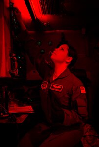 Airman 1st Class Amanda Fields, 17th Airlift Squadron loadmaster, performs a pre-flight inspection Feb. 11, 2014, at Joint Base Charleston – Air Base, S.C. When deployed, the 17th AS will fly multiple missions every day, moving either cargo or personnel. The majority of their missions will be air drops … dropping critical supplies, such as food and ammunition to forward operating bases. (U.S. Air Force photo/Senior Airman Ashlee Galloway)