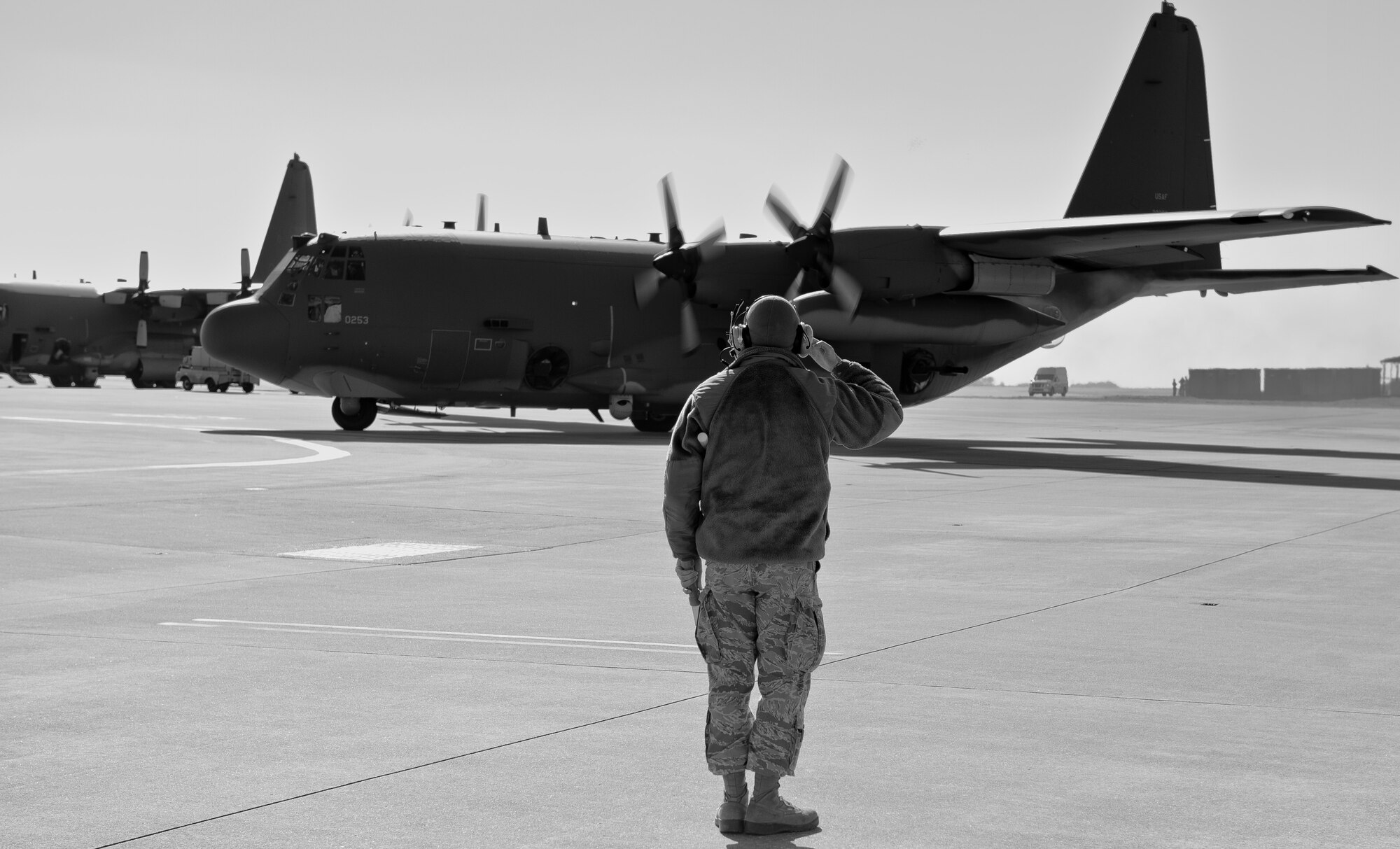 Airman 1st Class Christopher Aubuchon, 1st Special Operations Aircraft Maintenance Squadron crew chief, salutes the pilot of an AC-130 on the flightline at Hurlburt Field, Fla., Feb. 7, 2014. Saluting the pilot and aircraft is a tradition that dates back to 1916. It signifies a transfer of control from the ground crew to aircrew. (U.S. Air Force photo/Senior Airman Krystal M. Garrett) 