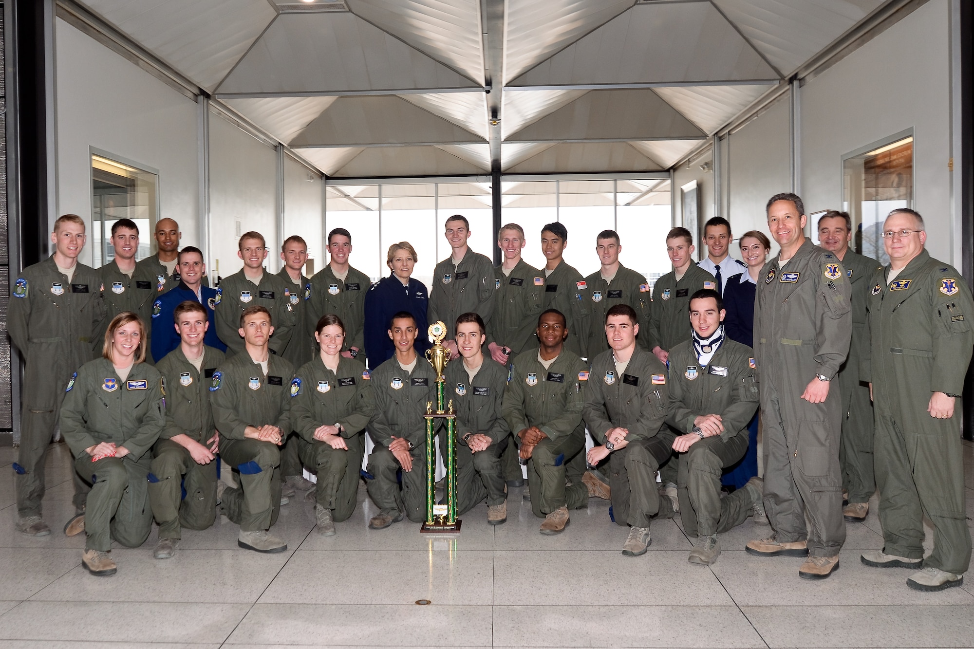 The Academy's flying team poses for a group shot with Lt. Gen. Michelle D. Johnson (middle left) at Mitchell Hall Feb. 12. The Academy's Flying team won the NIFA Region 1 competition for the 27th year in a row. (U.S. Air Force Photo/Liz Copan)