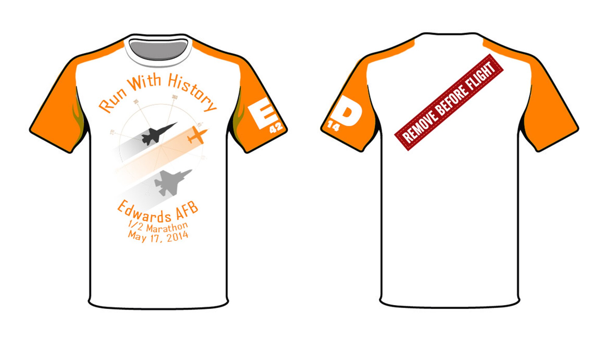 Each person who registers for the 2014 Edwards Air Force Base Inaugural "Run With History" Half Marathon, 10K and 5K run to be held May 17, will receive a souvenir collector’s item t-shirt and a participation medal. (U.S. Air Force courtesy graphic)